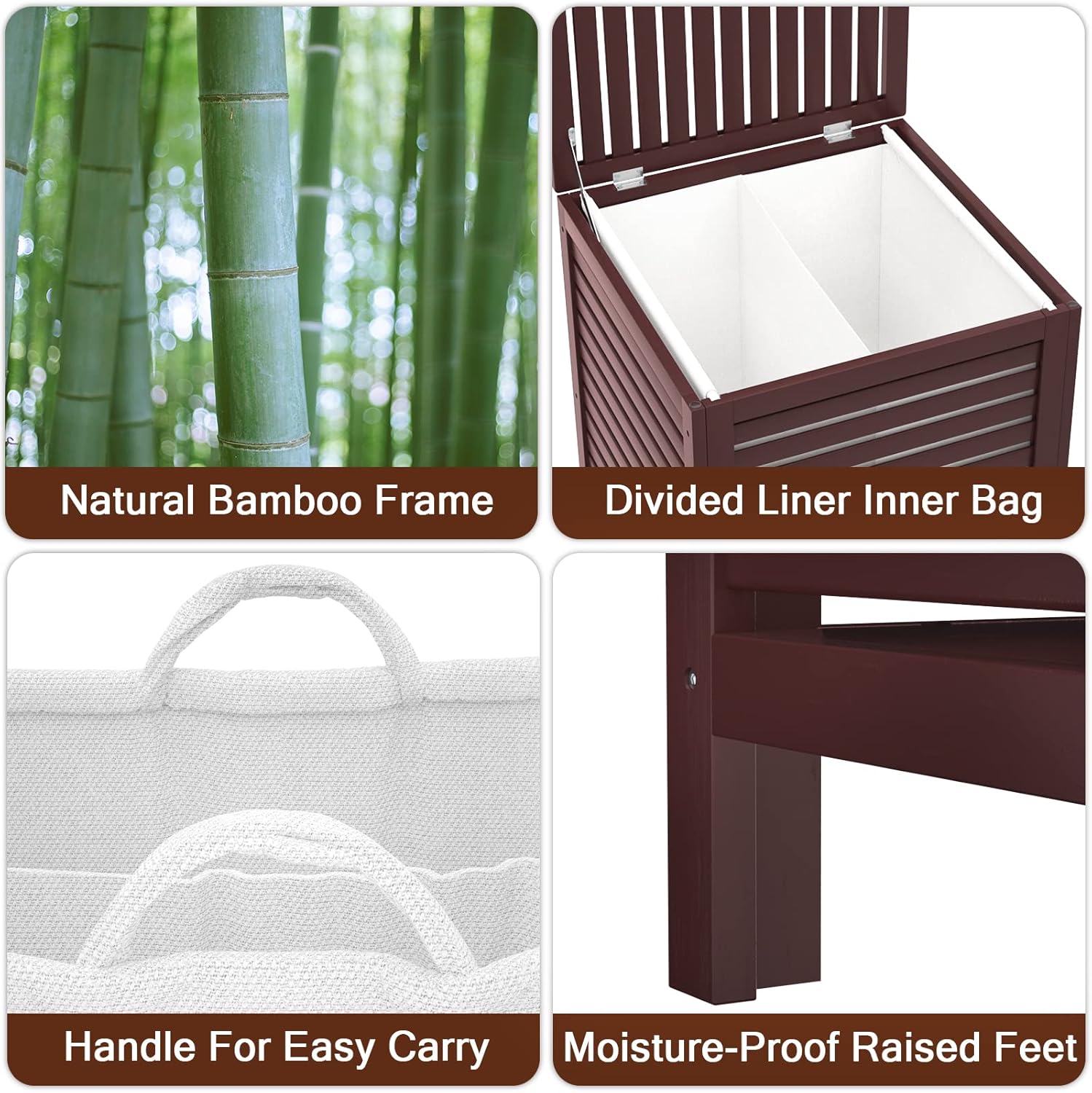 Homykic Bamboo Laundry Hamper with Lid, 120L Large Clothes Laundry Sorter with Removable 2-Section Liner Bag, Raised Laundry Basket Organizer for Clothing, Bathroom, Bedroom, Laundry Room, Espresso