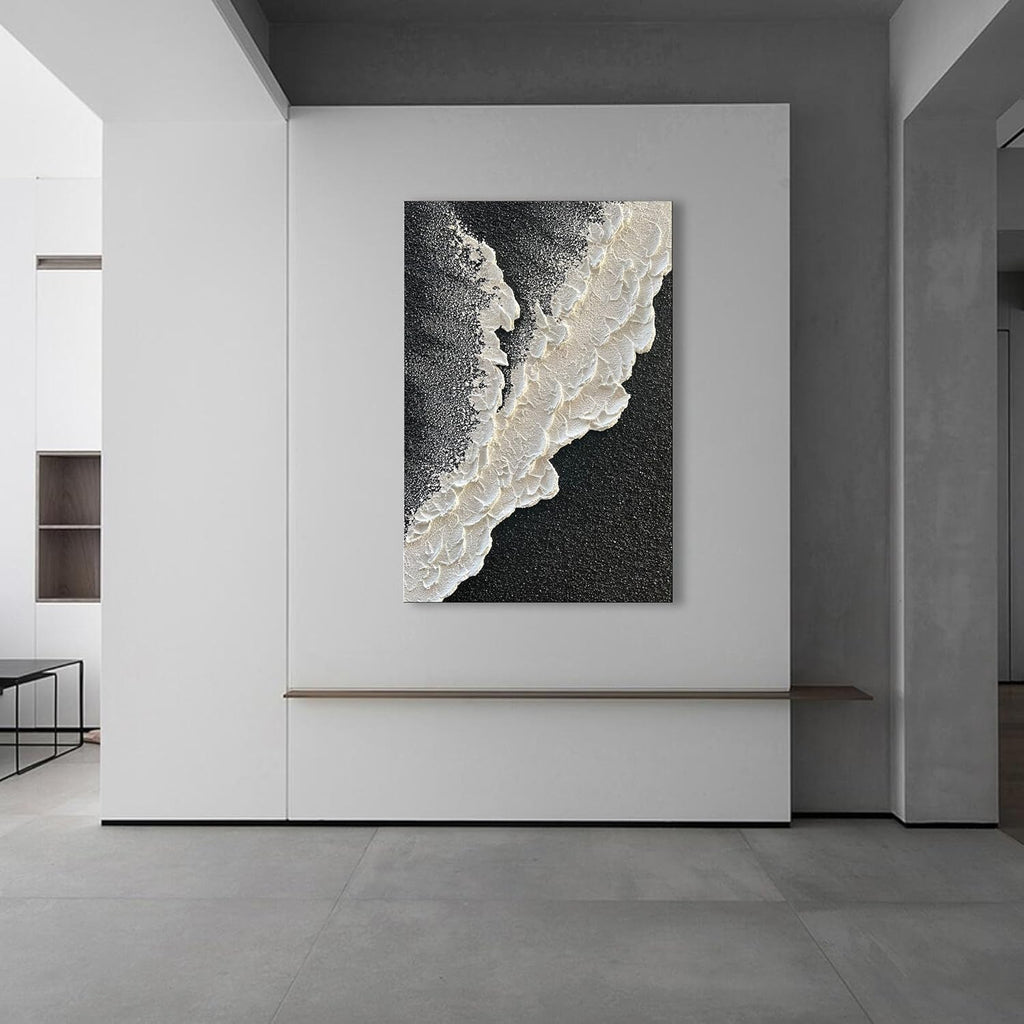NANKAI Handcrafted Thick Texture Black and White Abstract Canvas Art Ocean Wave Beach Landscape Oil Painting Home Wall Art Deco Oil Painting 24X36 Inches