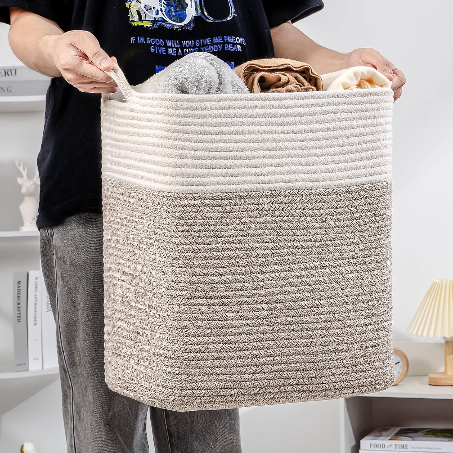 Medium and Large Woven Basket//With Handle, Used for Toys and Fabric Storage Basket used for Storing xl Storage Box, Decorative Storage Box Room (14L*15.7H WWhite Brown, 14L*10W*15.7H)