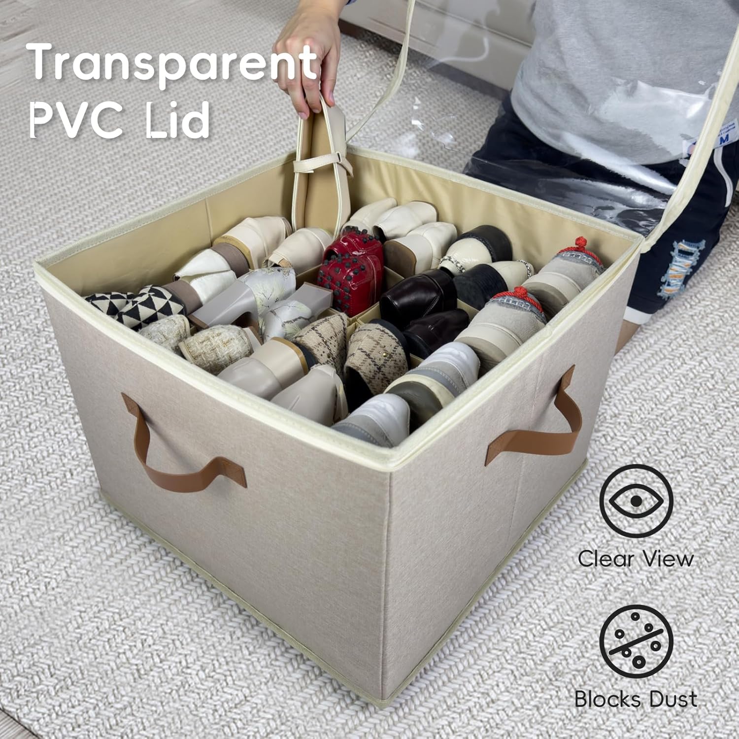 Shoe Organizer for Closet, 2 Pack Shoe Storage Bins with Clear Cover, Adjustable Dividers Fits 16-32 Pairs ShoeBoxes, Organizador de Zapatos, Khaki