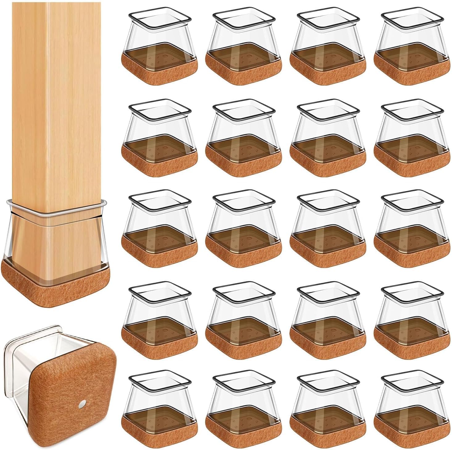 20 Pcs Chair Leg Floor Protectors for Hardwood Floors, Clear Rubber Furniture Sliders with Felt, Silicone Furniture Leg Caps Covers (Fit Square Diameter:13/16" to 1")