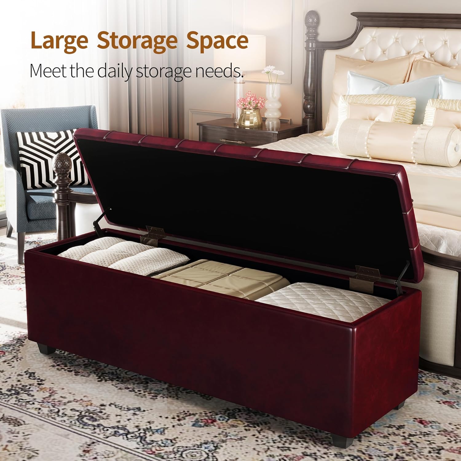 38 Inches long Wine red Ottoman Bench with Storage, footstool Furniture End of Bed storage benches,Faux leather Ottomans with Storage and Seat for Foot rest in Bedroom, Living Room, Entryway