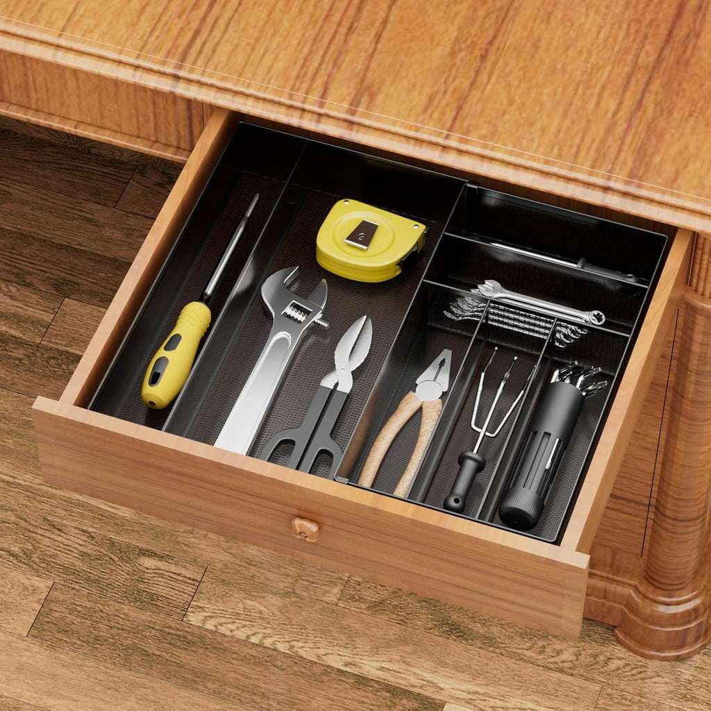 JANE EYRE Utensil Drawer Organizer - Expandable Cutlery Tray, Silverware/Flatware Storage Divider for Kitchen, Mesh Designing with Non-slip Rubber Feet (black)