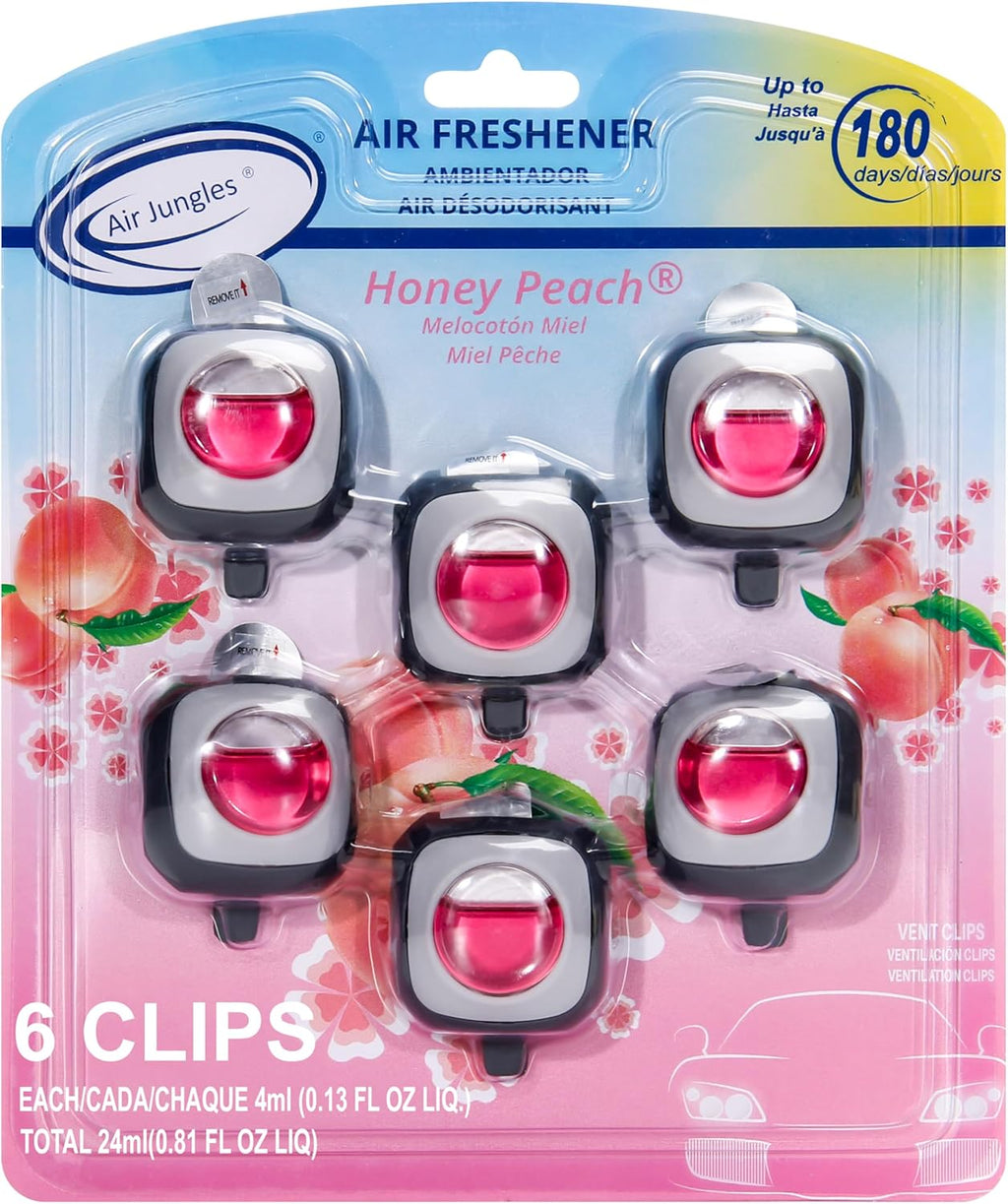 Air Jungles Honey Peach Scent Car Air Freshener Clip, 6 Vent Clips, 4ml Each, Long Lasting Air Freshener, Up to 180 Days Car Refresher Odor Eliminator