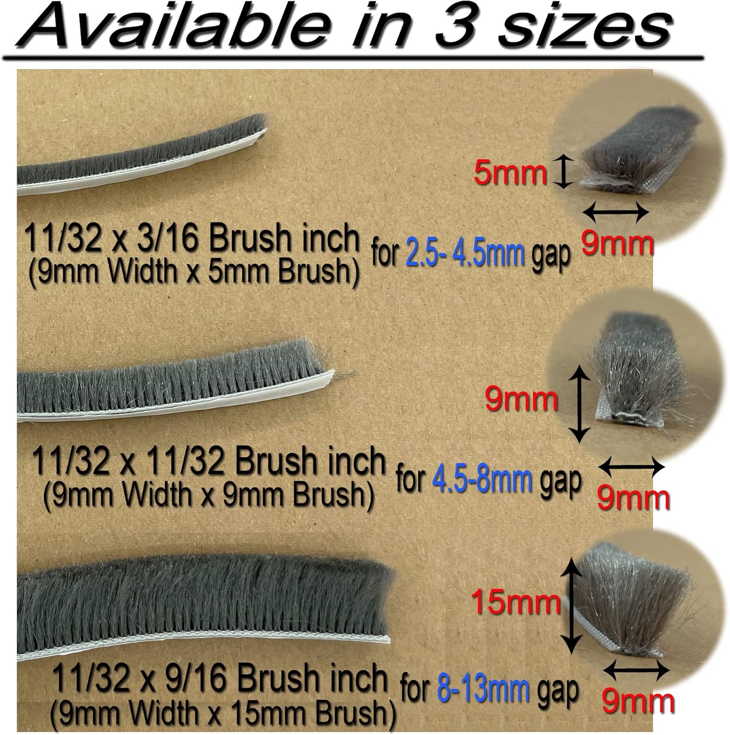 32ft Door Weather Stripping Door Seal Strip Brush for Sliding Windows/Doors Frame (32ft x11/32 Backing x 9/16 Brush inch, Black)