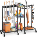 Broom Holder with Cleaning Supplies Organizer, Broom Closet Storage Cabinet with Cleaning Caddy Vacuum Stand, Cleaning Cart with Mop Hanger Gripper Rack Hook, Laundry Room Organization Home Essentials