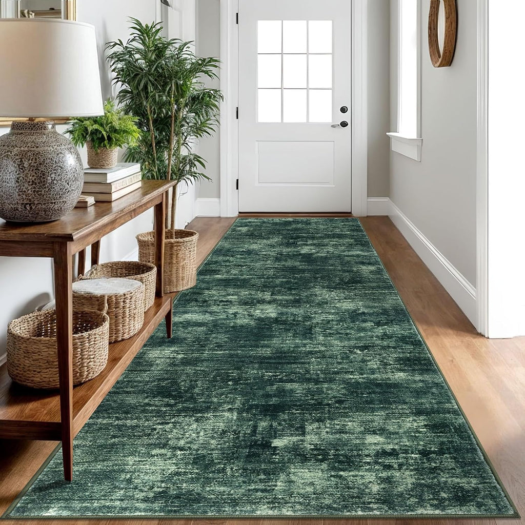 IOHOUZE Abstract Runner Rug 3x10 Ft Washable Runners for Hallways, Non Slip Kitchen Runner Printed Faux Wool Entryway Runner Indoor, Modern Abstract Floor Carpet for Hall Bedroom, Dark Green