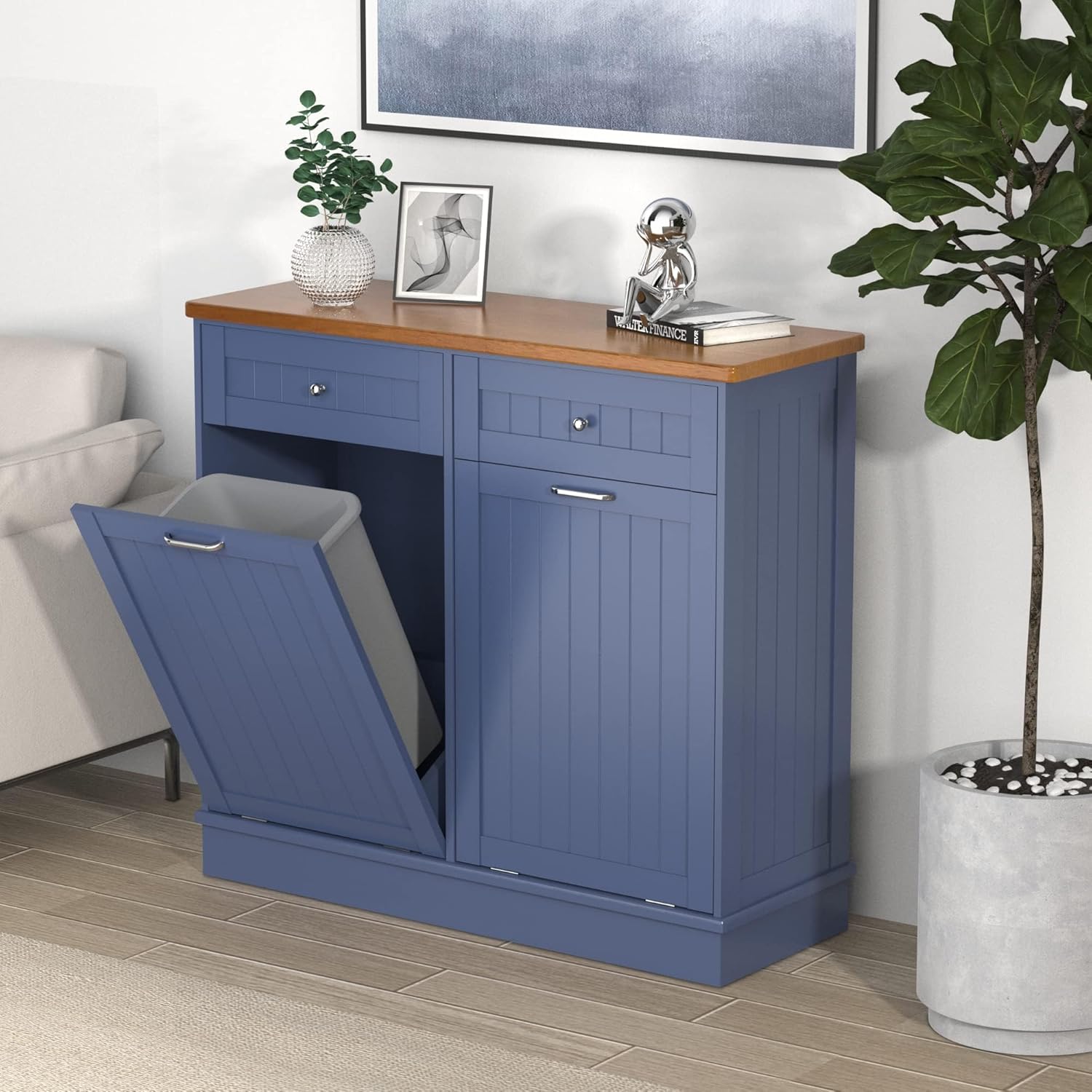 Betterhood Tilt Out Trash Cabinet 10 Gallon Wooden Free Standing Laundry Sorter Cabine,Recycling Cabine with Hideaway Drawer,Tilt Out Trash Cabinet Can Bin Kitchen