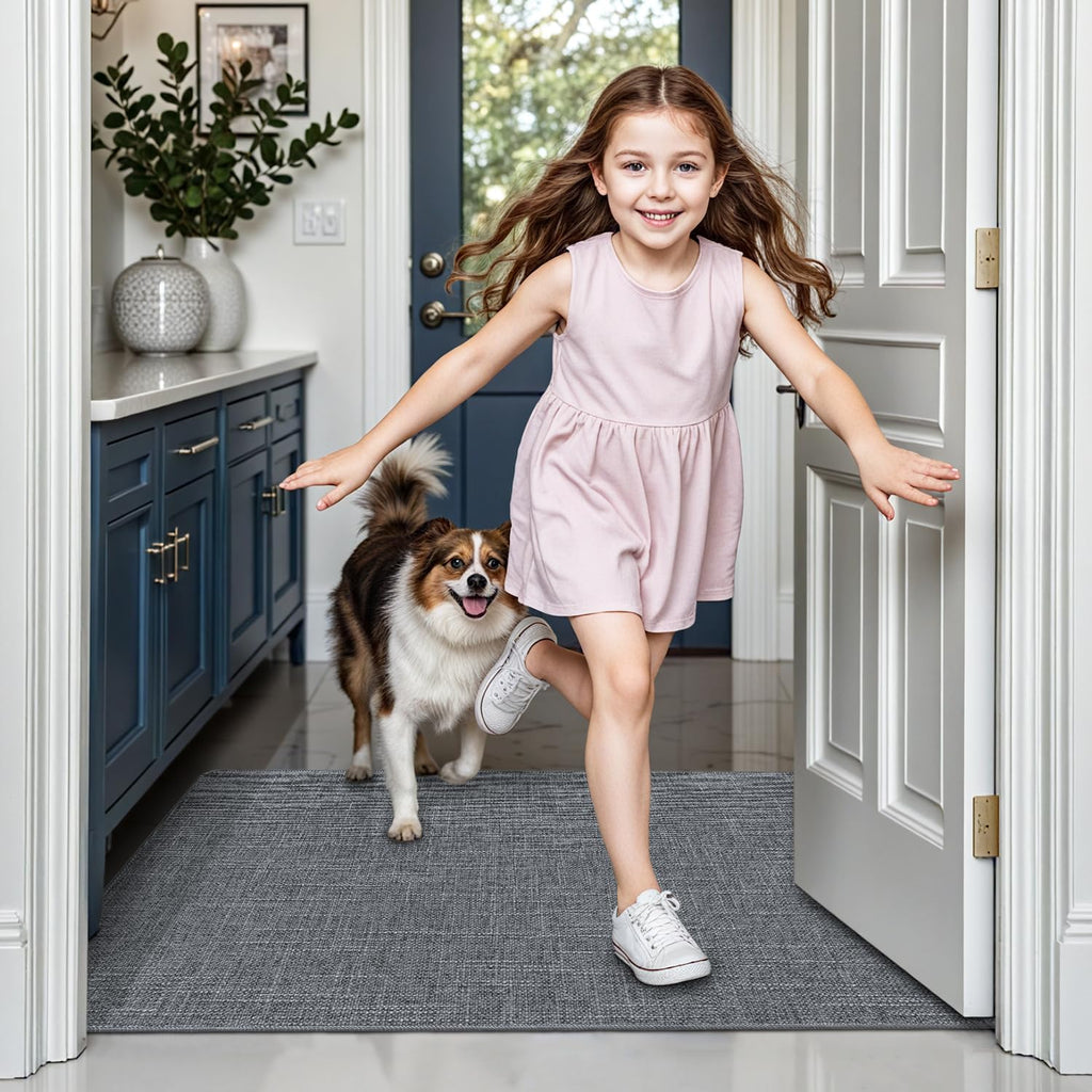 LUMI Ultra Thin Door Mat for Entryway, Low Profile Non Slip Rubber Backing Indoor Doormat, Easy Clean Welcome Entrance Mat for Inside House, Patio, Dark Grey 24"x36"