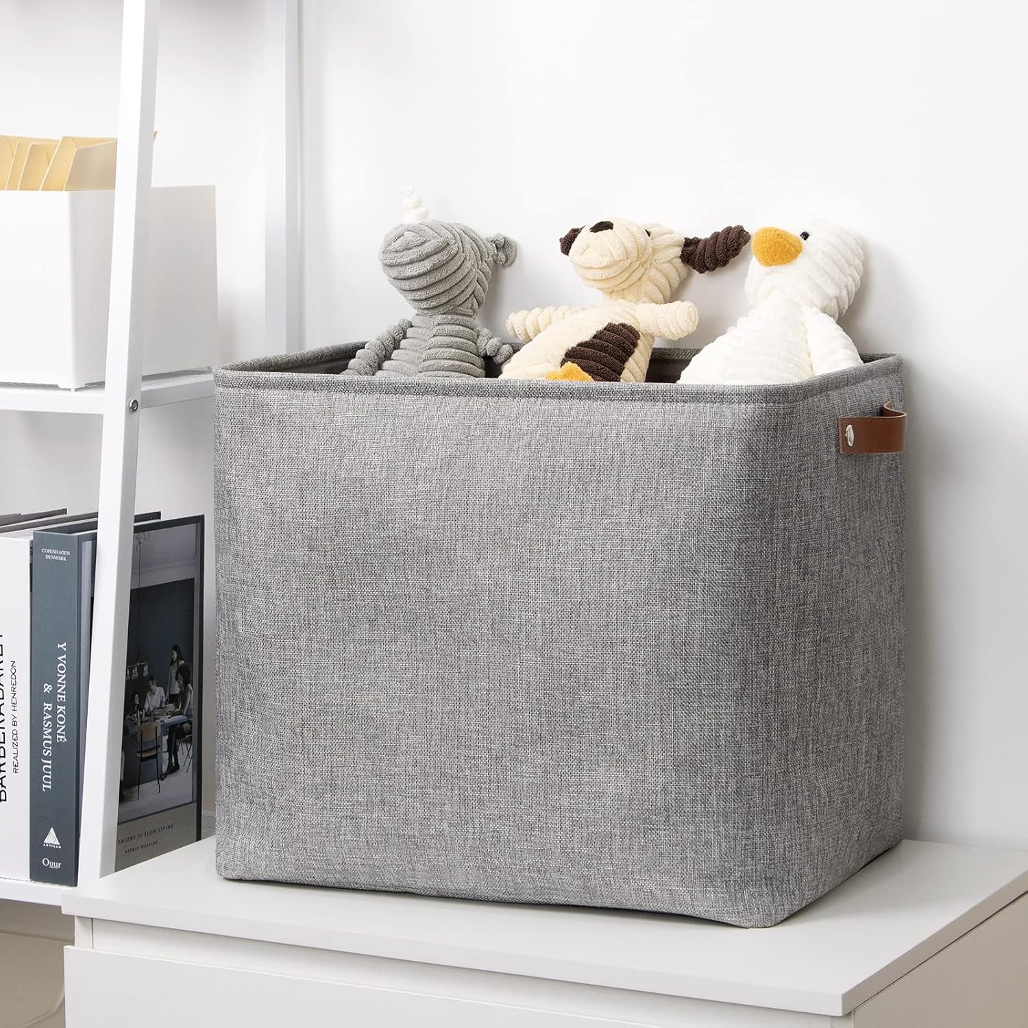 DULLEMELO Large Collapsible Storage Basket/Bin with Sturdy Leather Handles, Fabric Organizer Bin for Storage Clothes, Toys, Books, Office, Bedroom, Closet, Nursery & Laundry (Gray)