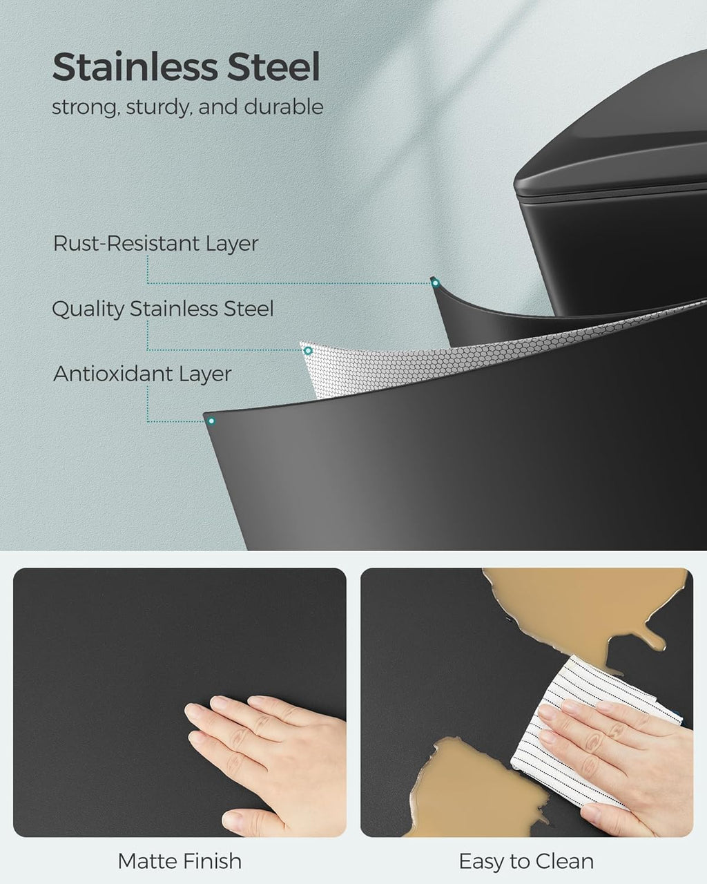 SONGMICS Slim Trash Can, 13-Gallon (50 L) Garbage Can for Narrow Spaces with Soft-Close Lid, Inner Bucket, and Step-on Pedal, Stainless Steel, 15 Trash Bags Included, Black ULTB510B48