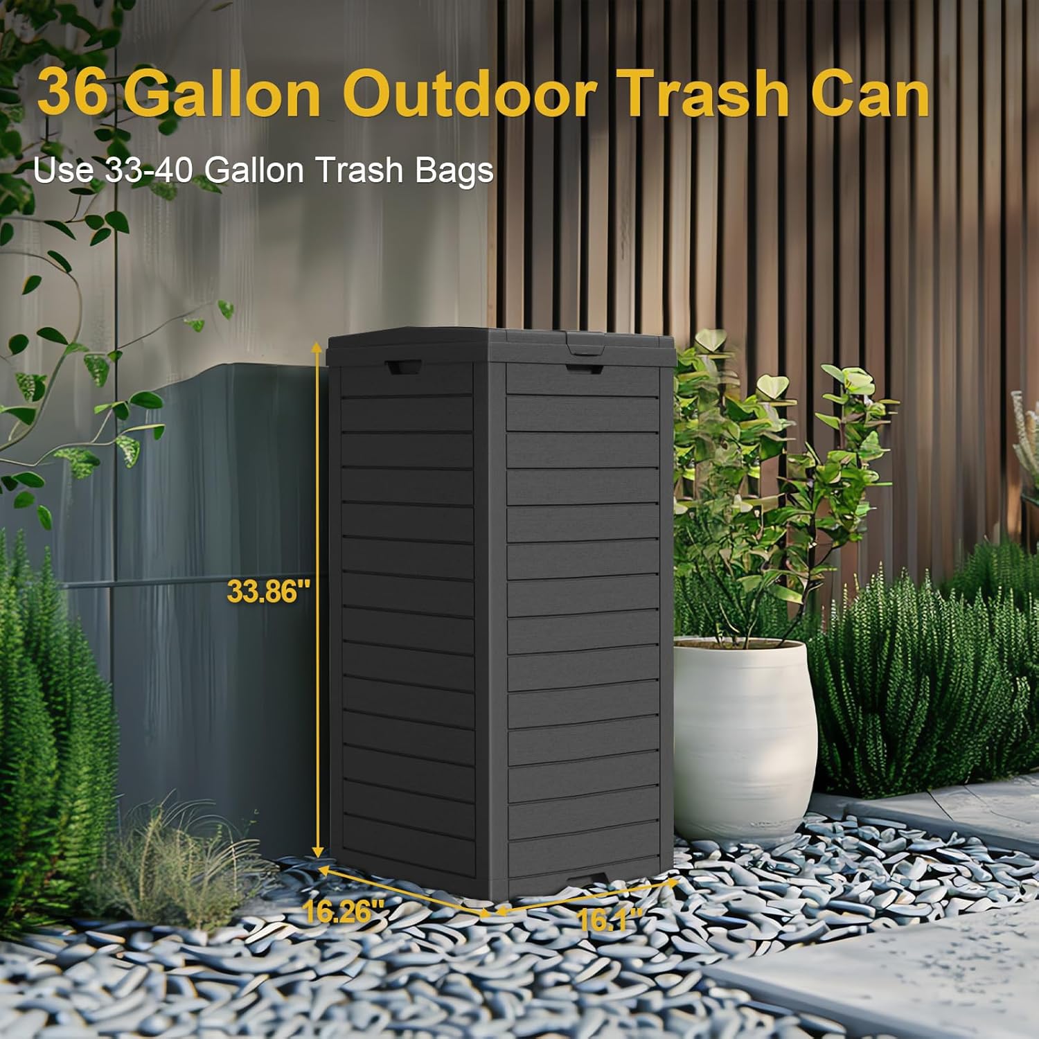 31 Gallon Outdoor Trash Can with Tiered Lid and Drip Tray,Waterproof Resin Waste Bin Indoor,Durable,Stylish,Lightweight Garbage Bin for Patio,Kitchen,Backyard and Office(Black)