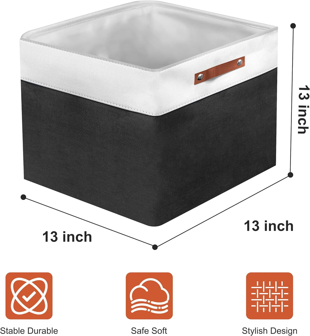 13in Open Fabric Storage Basket with Leather Handles for Organizing, Collapsible Linen Closet Bins for Shelves, Closets, Laundry, Decorative Basket for Gifts. (White＆Black, 2PCS/13x13in)