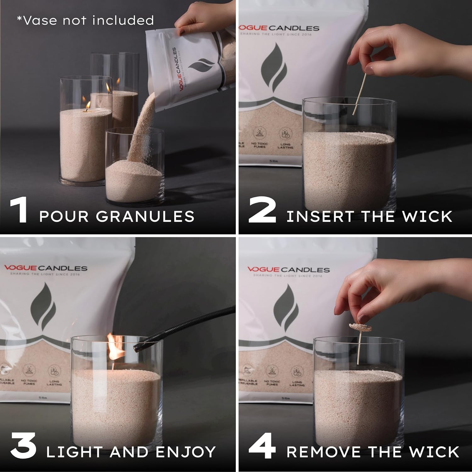 Vogue Candles 5LB Candle Sand with 50 Wicks | Bulk Refillable Plant-Based Granules for Custom Candle Making | Unscented, Clean Burn, Smoke-Free, Vegan Candle Refill Kit- Nude