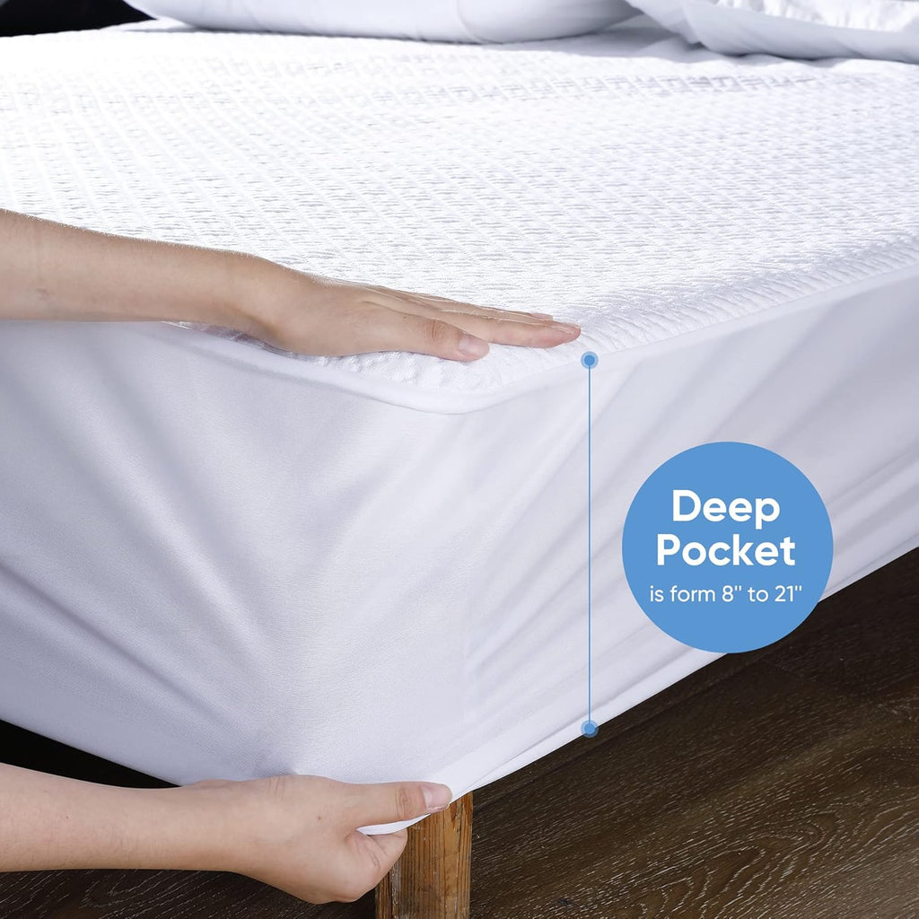 Hanherry 100% Waterproof Mattress Protector King Size, Mattress Cover 3D Air Fabric Cooling Mattress Pad Cover Smooth Soft Breathable Noiseless, 8''-21'' Deep Pocket