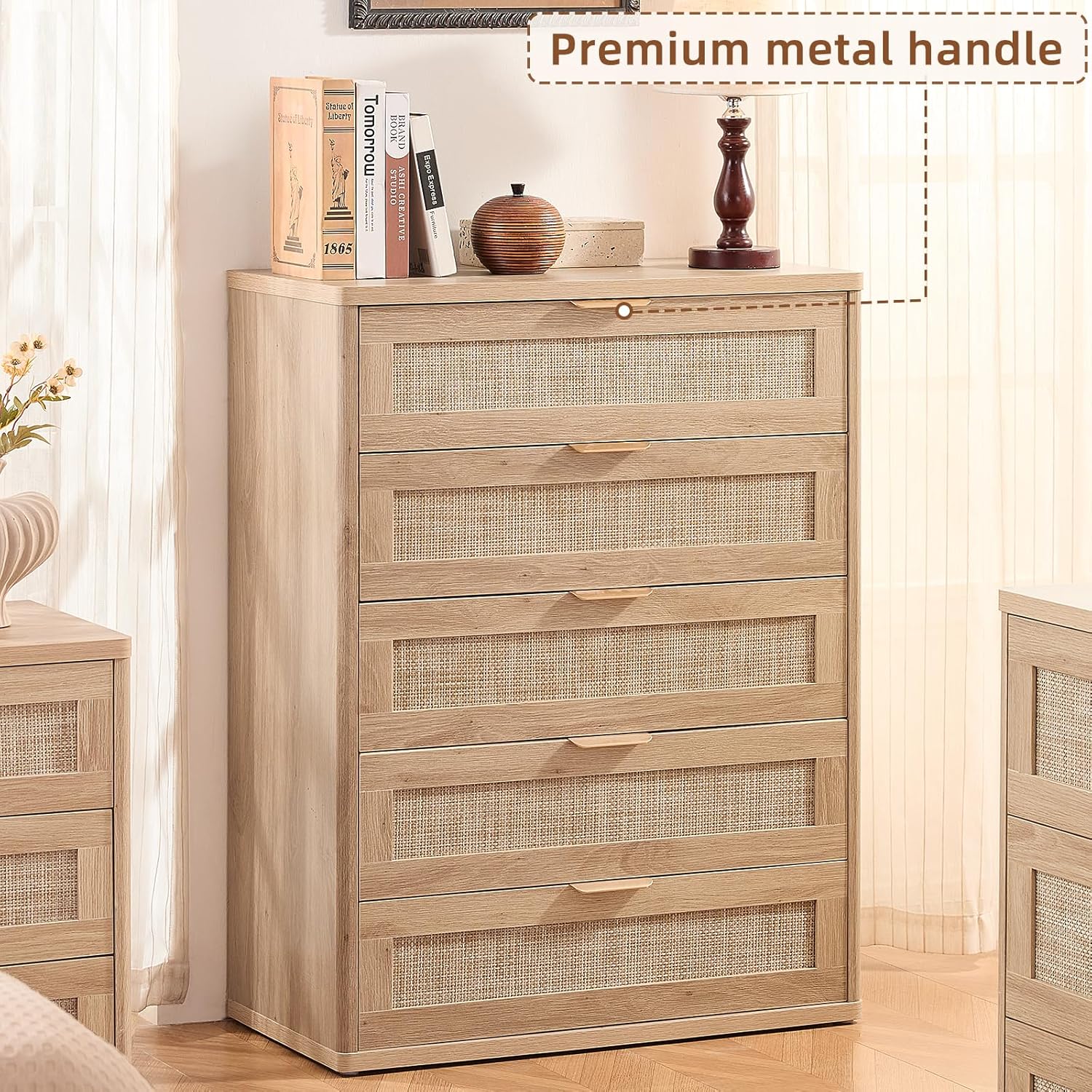 LEYAOYAO Rattan Dresser for Bedroom, 41" Tall Chest of Drawers, Modern 5 Drawers Boho Dressers with Storage, Light Oak Dresser Wooden Closet Organizer for Living Room, Hallway, Natural Wood