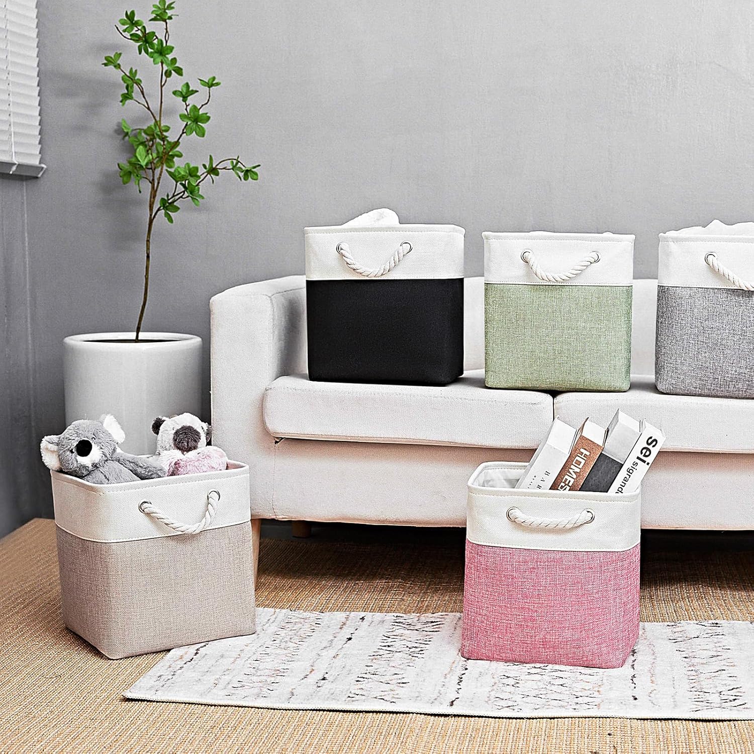 Cube Storage Bins, Collapsible Fabric Storage Cubes Bins, 11 Inch Cube Storage Bins with Handles, Foldable Storage Cubes (White/Beige, 6Pack)