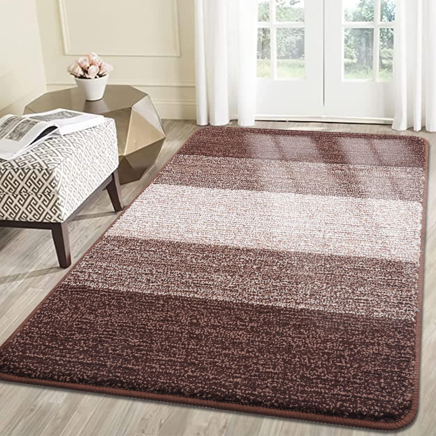 Kitinjoy Indoor Outdoor Door Mat, 59x36 Non-Slip Absorbent Dirt Trapper, Low-Profile Washable Inside Entrance Front Floor Mat, Sturdy Soft Entry Doormats for Entryway, Brown