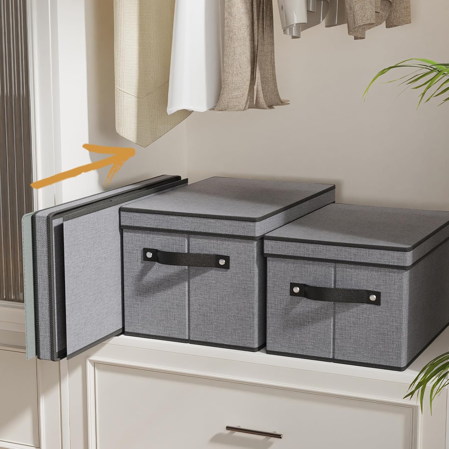 Clothing Storage Bins, Blanket Baskets for Shelves, Fabric Cubes with Handles and Lids, Decorative Linen Closet Organizers Boxes, Gray, 5 Pack, 16.5 x 11.8 x 10.2 Inch