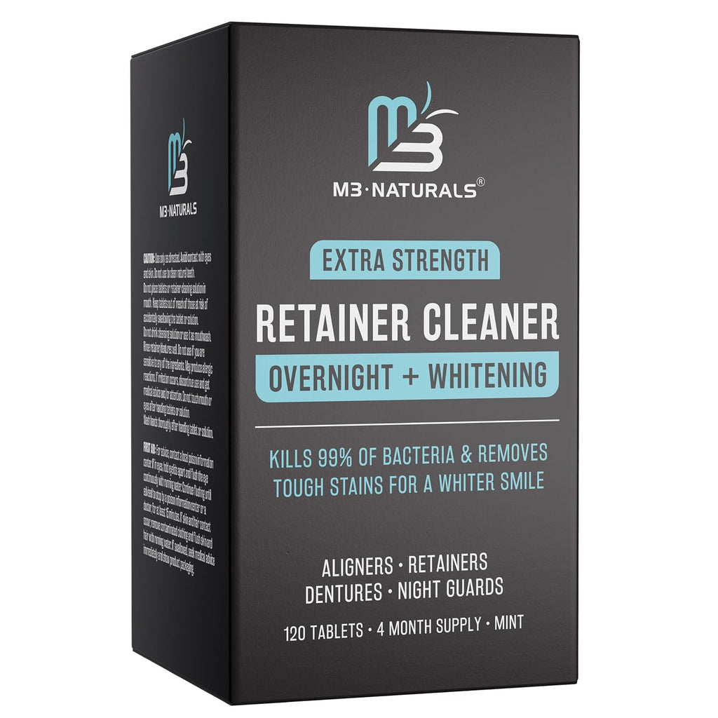 Overnight + Whitening Retainer Cleaner, Remove Stains, Discoloration, and Plaque | 4 Month Supply | Denture Cleanser with Whitening Boost,120 Tablets by M3 Naturals