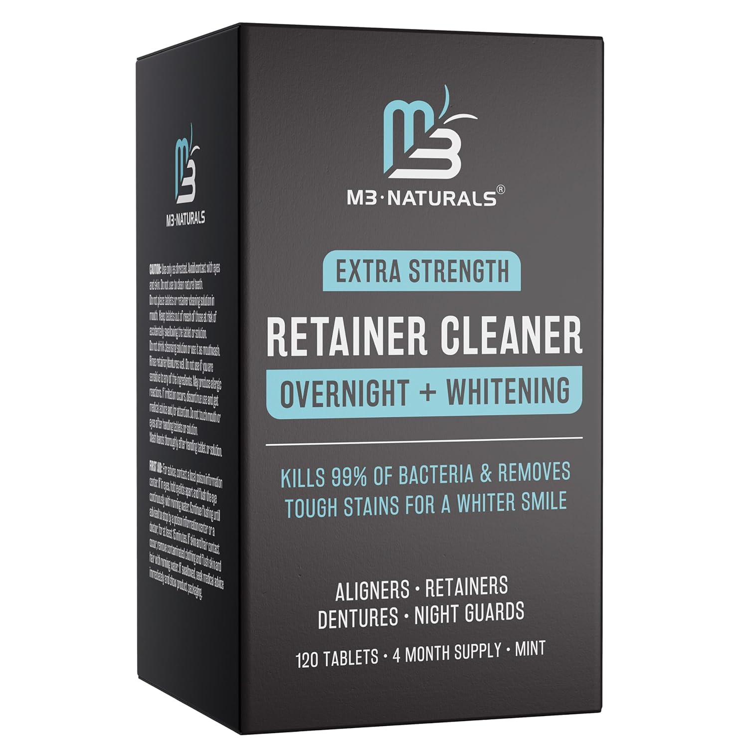 Overnight + Whitening Retainer Cleaner, Remove Stains, Discoloration, and Plaque | 4 Month Supply | Denture Cleanser with Whitening Boost,120 Tablets by M3 Naturals