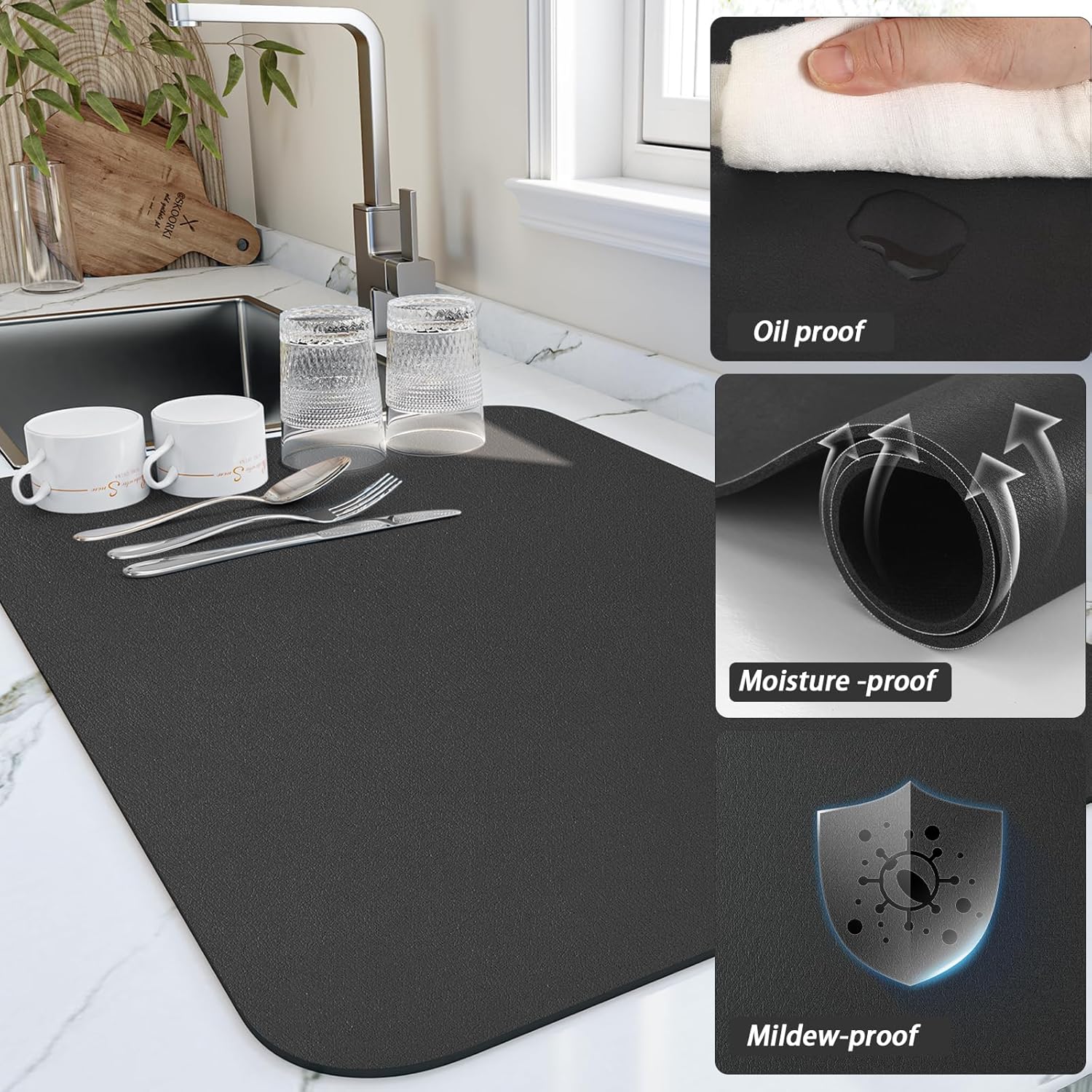 Dish Drying Mat for Kitchen Counter, Heat Resistant Drainer Mats with Non-slip Rubber Backed, Hide Stain Kitchen Super Absorbent Draining Mat, Easy to Clean Dish Rack Pad, Black 18"x24"
