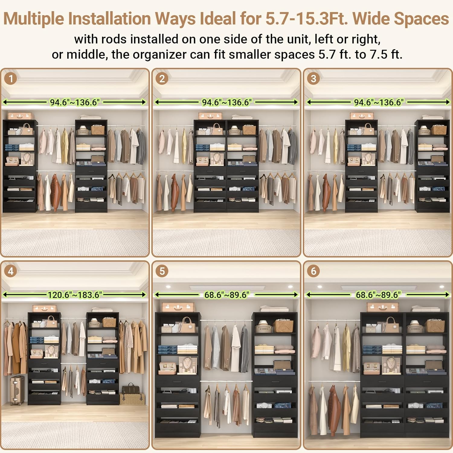 Aheaplus Closet System, 6-15Ft Closet Organizer with 8 Wooden Drawers, Wood Closet Organizer System with Tower, Walk-in Closet Organizer Wardrobe Clothes Rack with 4 Hanging Rods, Garment Rack, 1Black