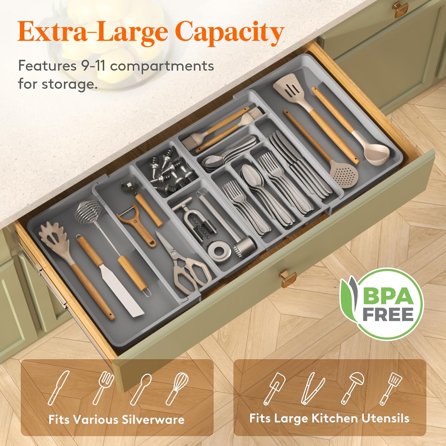 Lifewit Large Silverware Drawer Organizer, Plastic Cooking Utensil Tray for Kitchen, Expandable From 21 to 36 Inches, Adjustable Flatware Cutlery Spoon Fork Knife Spatula Gadgets Holder, Gray