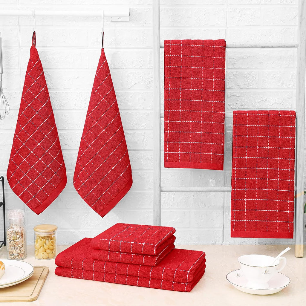 Homaxy 100% Cotton Terry Kitchen Towels(Red, 13 x 28 inches), Checkered Designed, Soft and Super Absorbent Dish Towels, 12 Pack