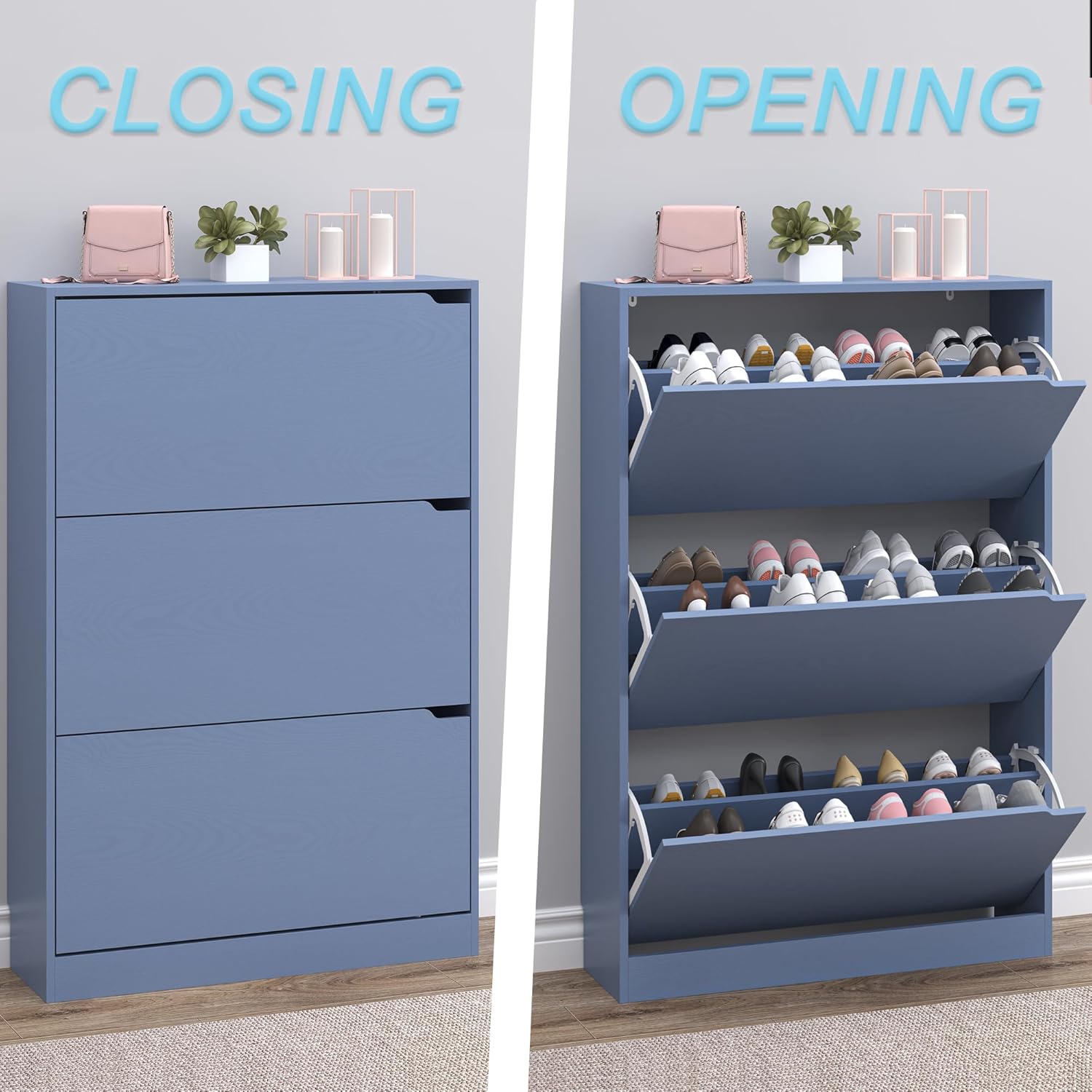 Shoe Cabinet with 3 Flip Drawers, Hidden Wood Shoe Cabinet,Freestanding Shoe Storage Cabinet for Entryway Hallway. 47.2" H*31.5" W*9.45" D
