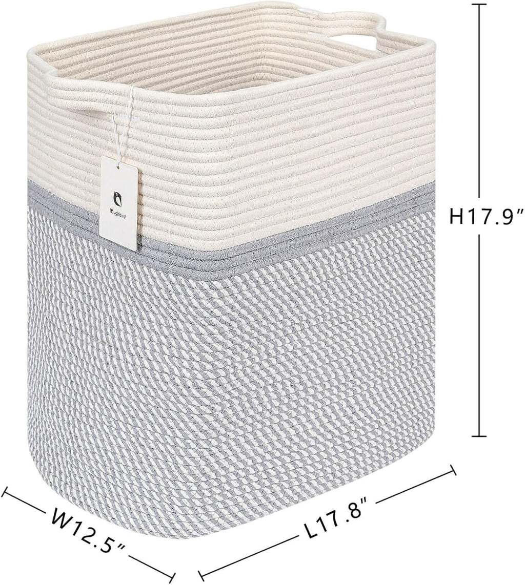 Storage Baskets for Clothes Fabric Cotton Rope Storage Basket with Handles, Decorative Woven Basket for Living Room,Closet Organizer Blankets, and 2bags (White/Gray, L17.8×W12.5×H17.9)