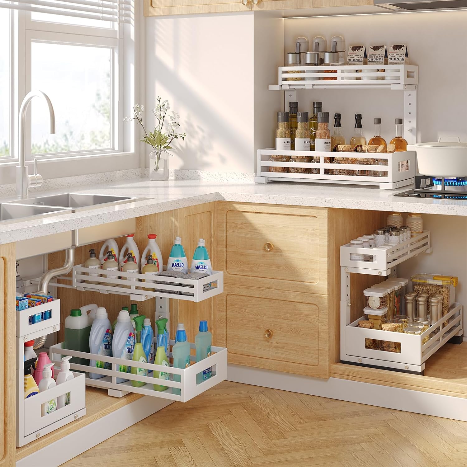 2-Pack 17"Deep Under Sink Organizer And Storage, 2-Tier L-Shaped Pull Out Cabinet Organizer with Upgraded Slide Rails, Height Adjustable Drawers for Kitchen&Bathroom, Extra-Large Storage Shelves–White