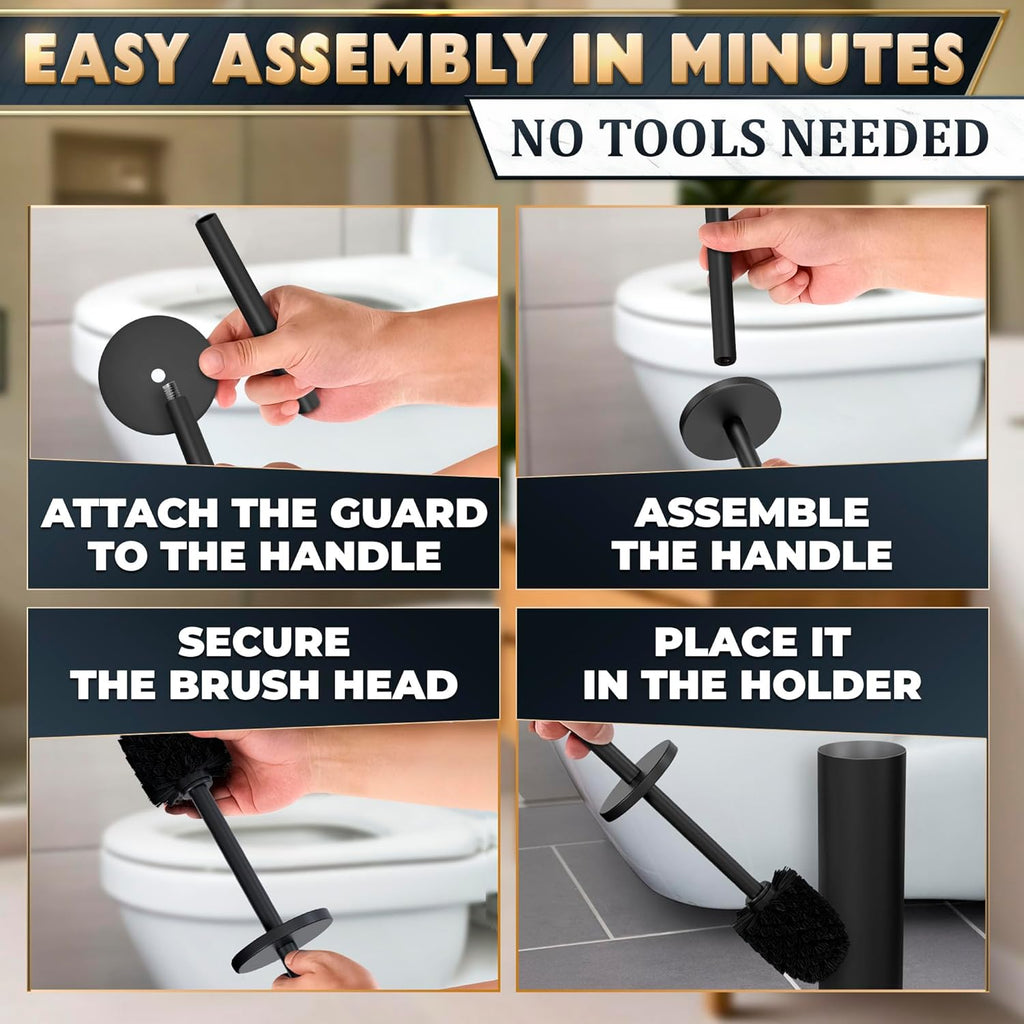 Black Toilet Brush and Holder Set - Scratch Resistant Black Toilet Bowl Brush and Holder with Soft Bristles Replaceable Head, Protection from Splashes, and Compact Design - for Effective Cleaning