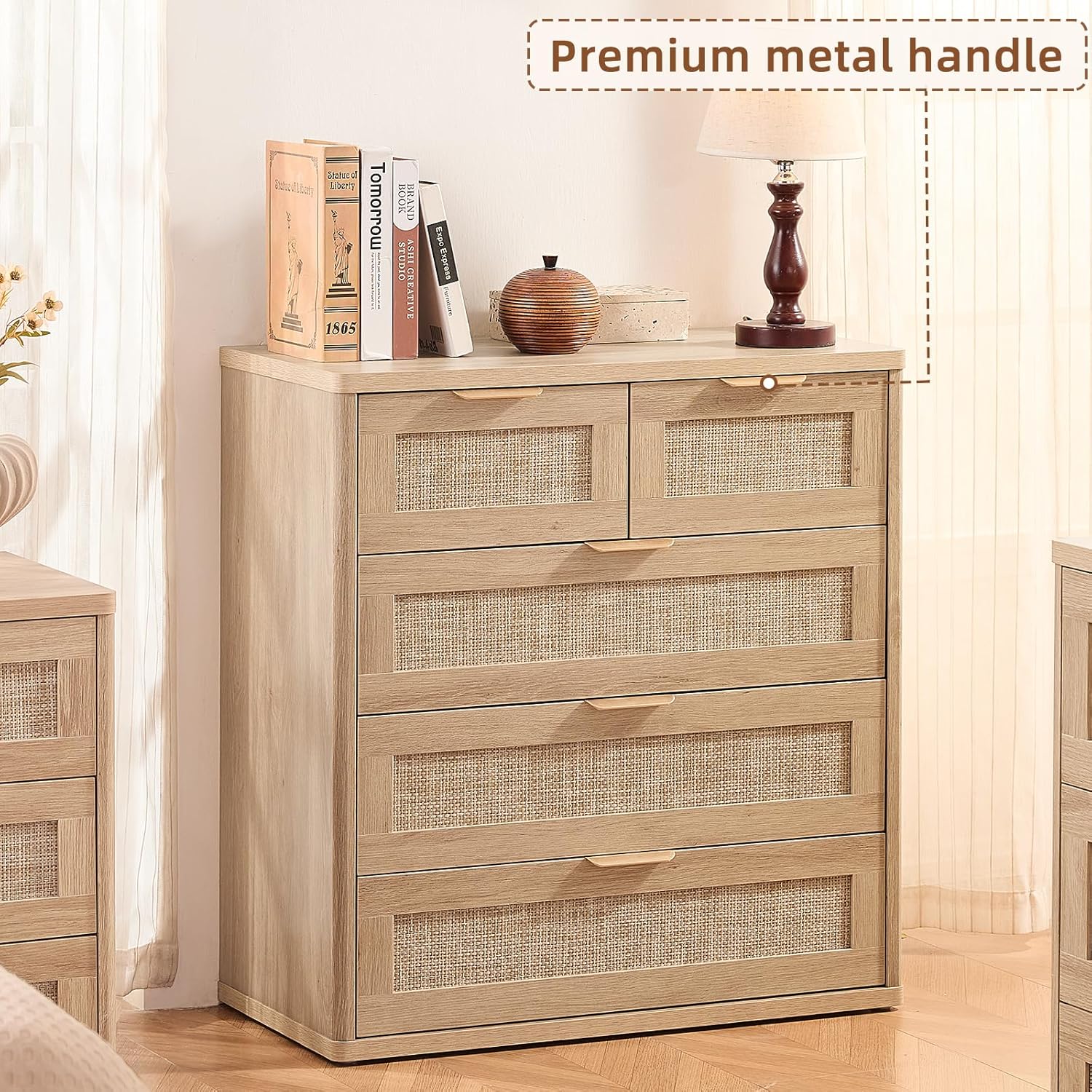 LEYAOYAO Rattan Dresser for Bedroom Set of 2, 33.5" Tall Chest of Drawers, Modern 5 Drawers Boho Dressers with Storage, Light Oak Dresser Wooden Closet Organizer for Living Room, Hallway, Natural Wood