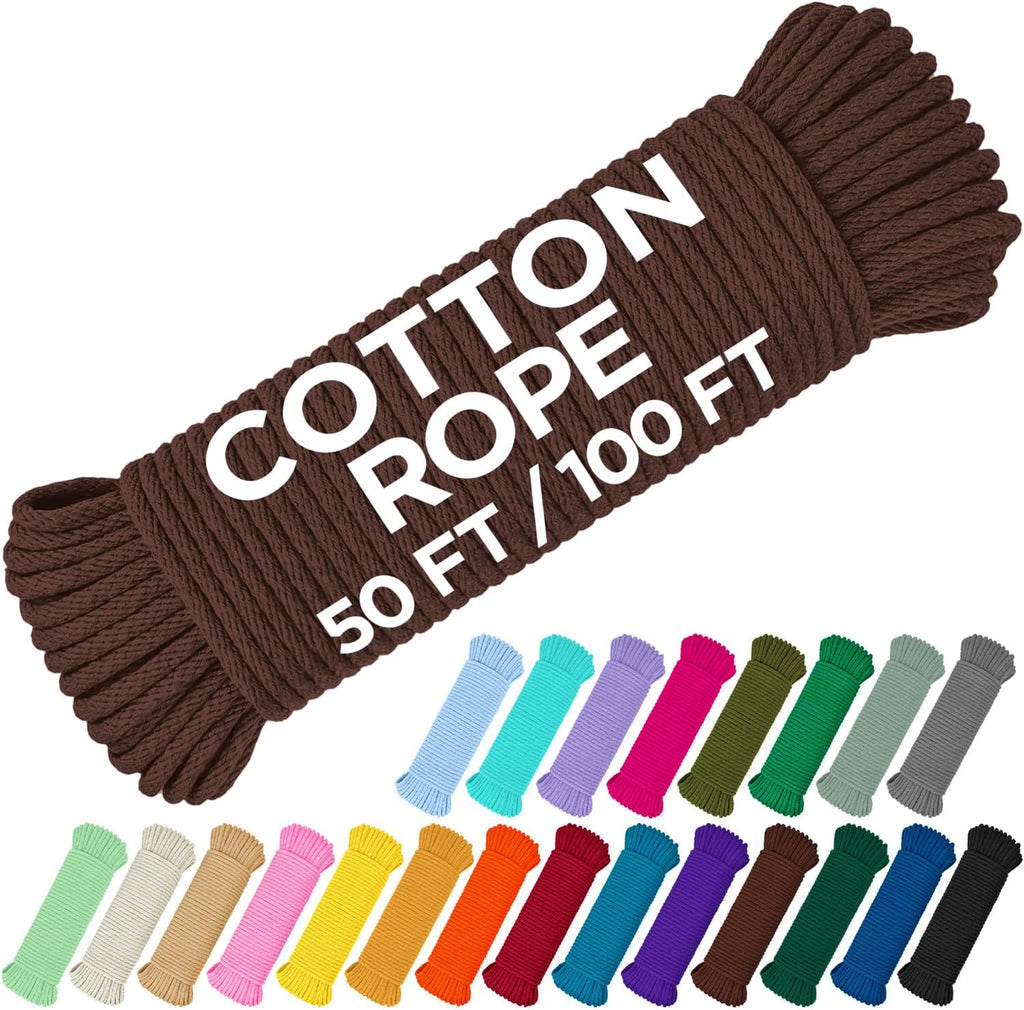 TECEUM Cotton Rope 3/16” (5 mm) – 100 FT – Strong All-Purpose Braided Rope – Natural Cotton – for Crafting, Сamping, Clothes Line, DIY, Indoor & Outdoor Use – Brown