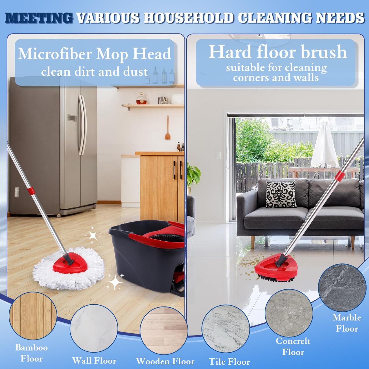 4 Pack Spin Mop Replacements Head Compatible with Oceda EasyWring 1-Tank System,Microfiber Spin Mop Refills Head,1 Mop Scrub Brush + 1 Mop Base + 4 Pack Cleaning Floor Mop Head（White)