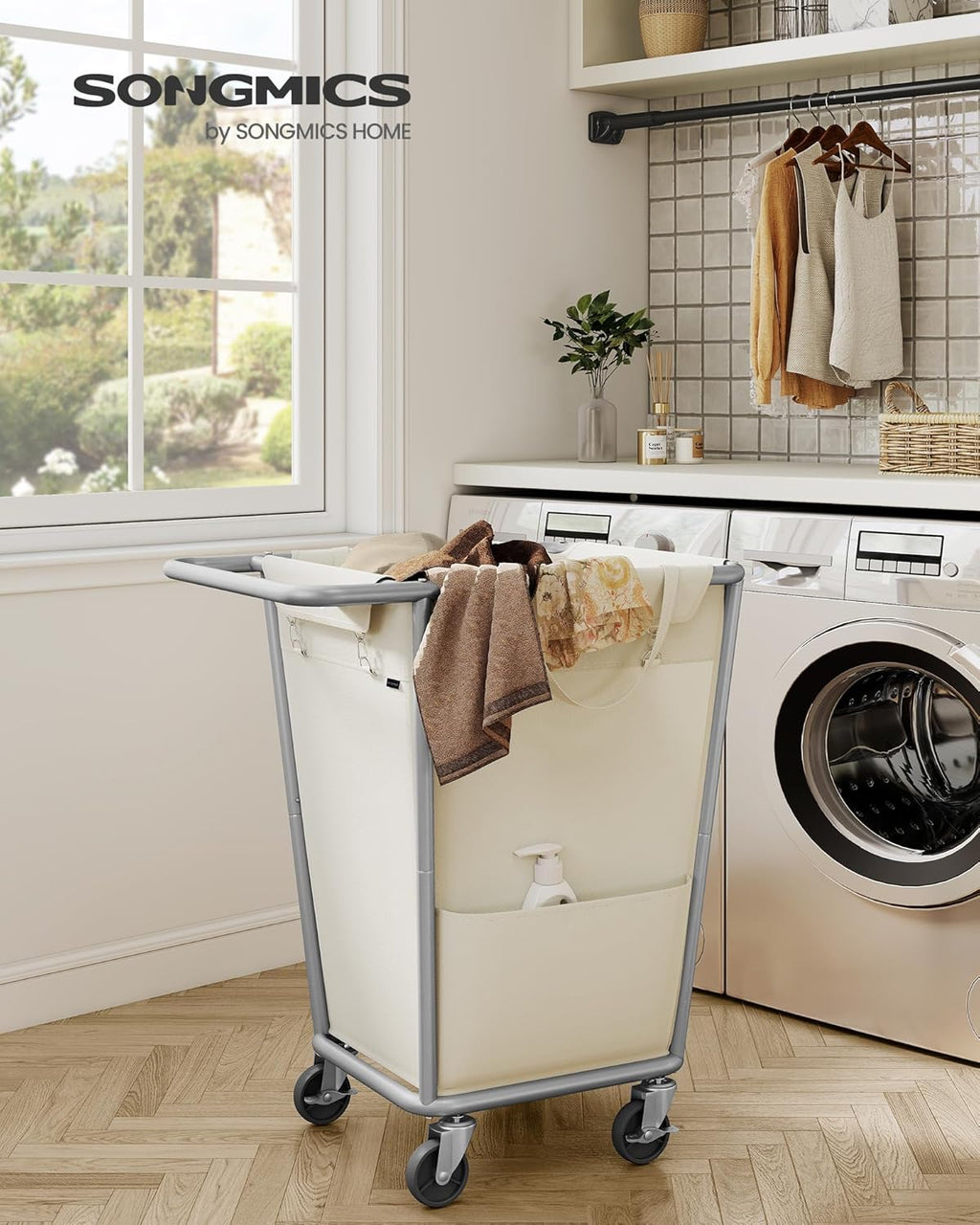SONGMICS Laundry Basket with Wheels, 34.3 Gallons (130 L) Rolling Laundry Hamper with Removable Bag, Heavy-Duty Steel Frame with Handle, Cream White URLS008W01