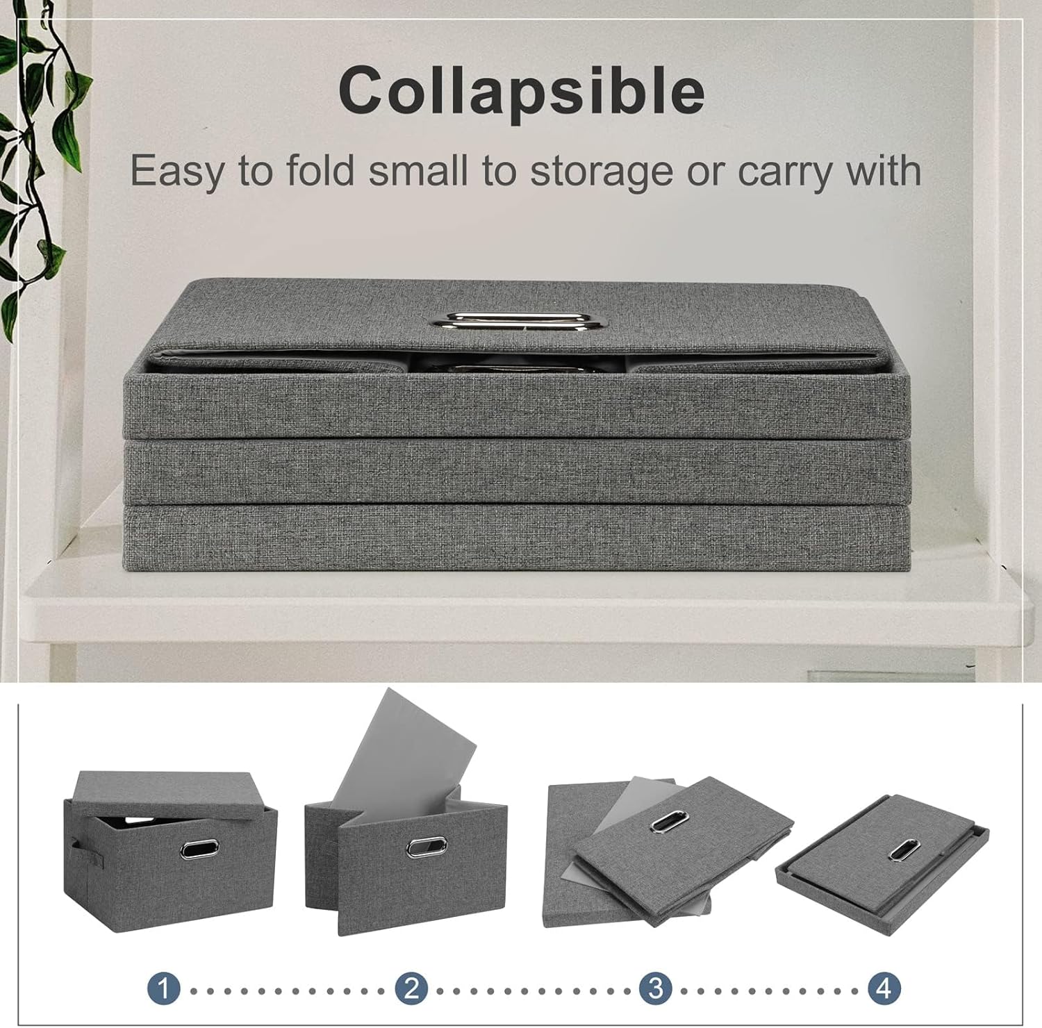 Medium 15" 21 Quart Collapsible Stackable Storage Bins with Lids, 1 Pack Gray Foldable Fabric Closet Storage Boxes with Lids, 4 Handles Heavy-duty Linen Cube Baskets for Bedroom