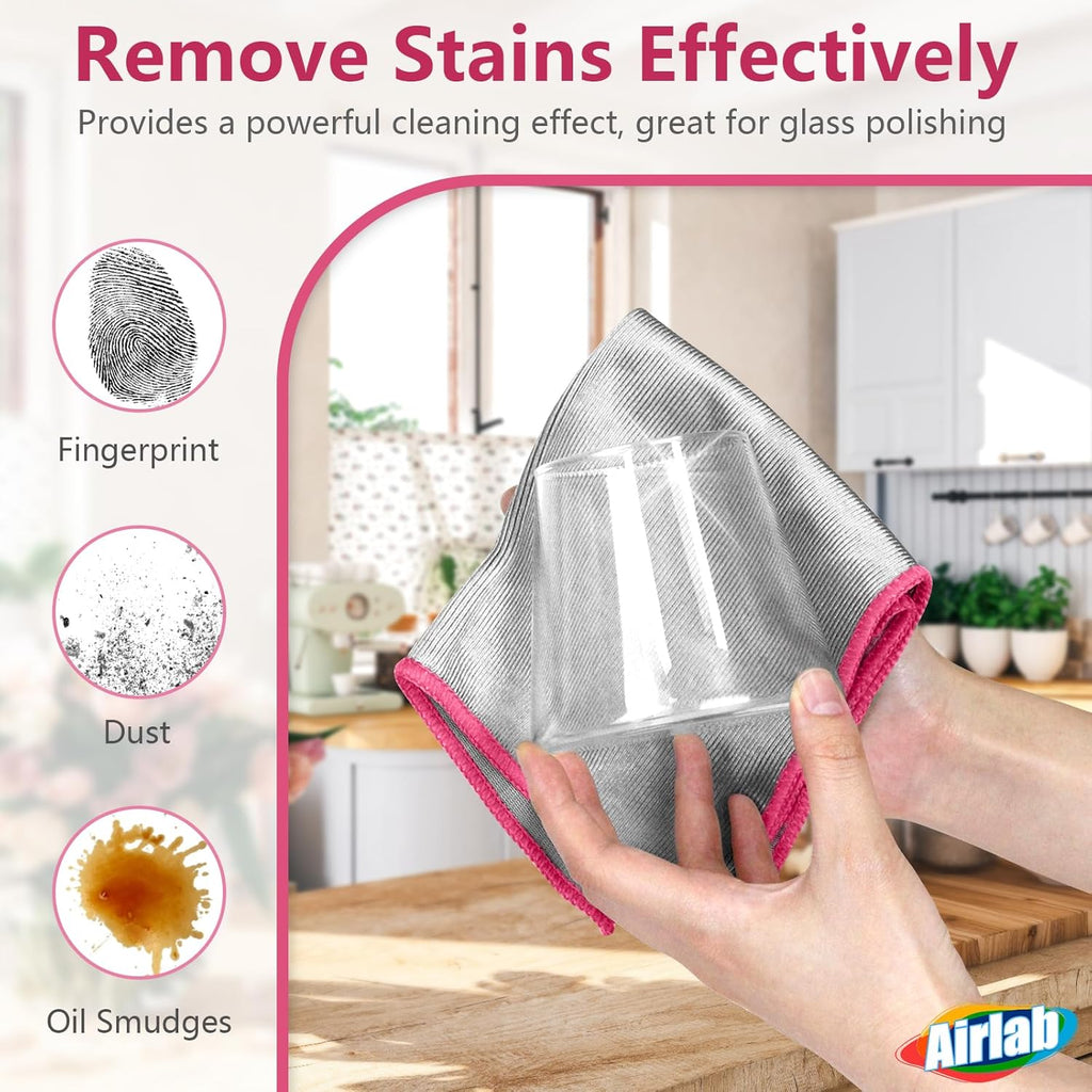 Glass Polishing Cloth Streak Free Miracle Microfiber Cleaning Cloth Lint Free Cleaning Rags for Glasses Kitchen Dish Mirrors Easy Clean, Pack of 6, 12" x 12", Sliver-Pink