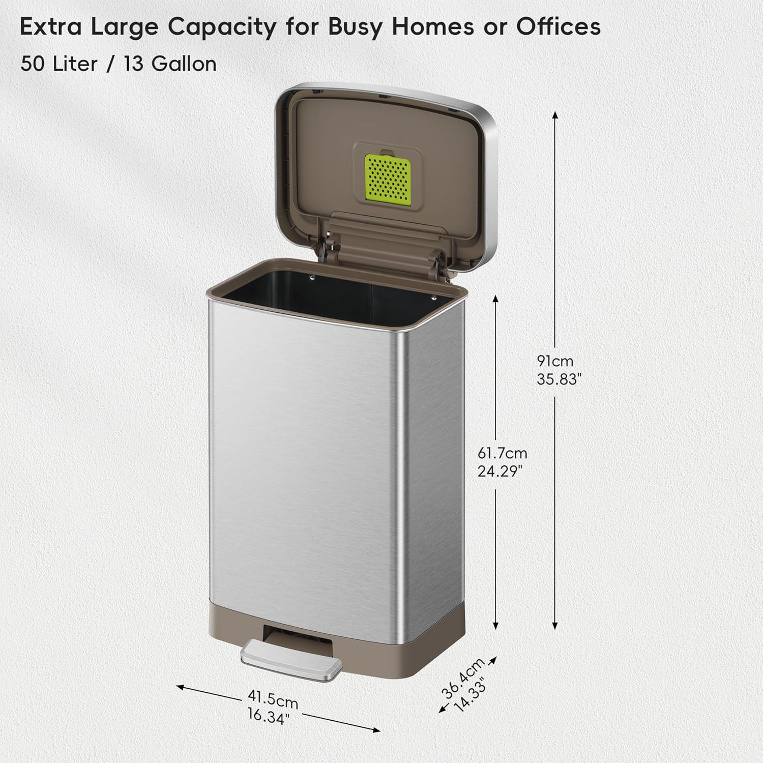 EKO Hudson Matte Stainless 50 Liter/13.2 Gallon Step Trash Can with Rear Trash Bag Storage Compartment