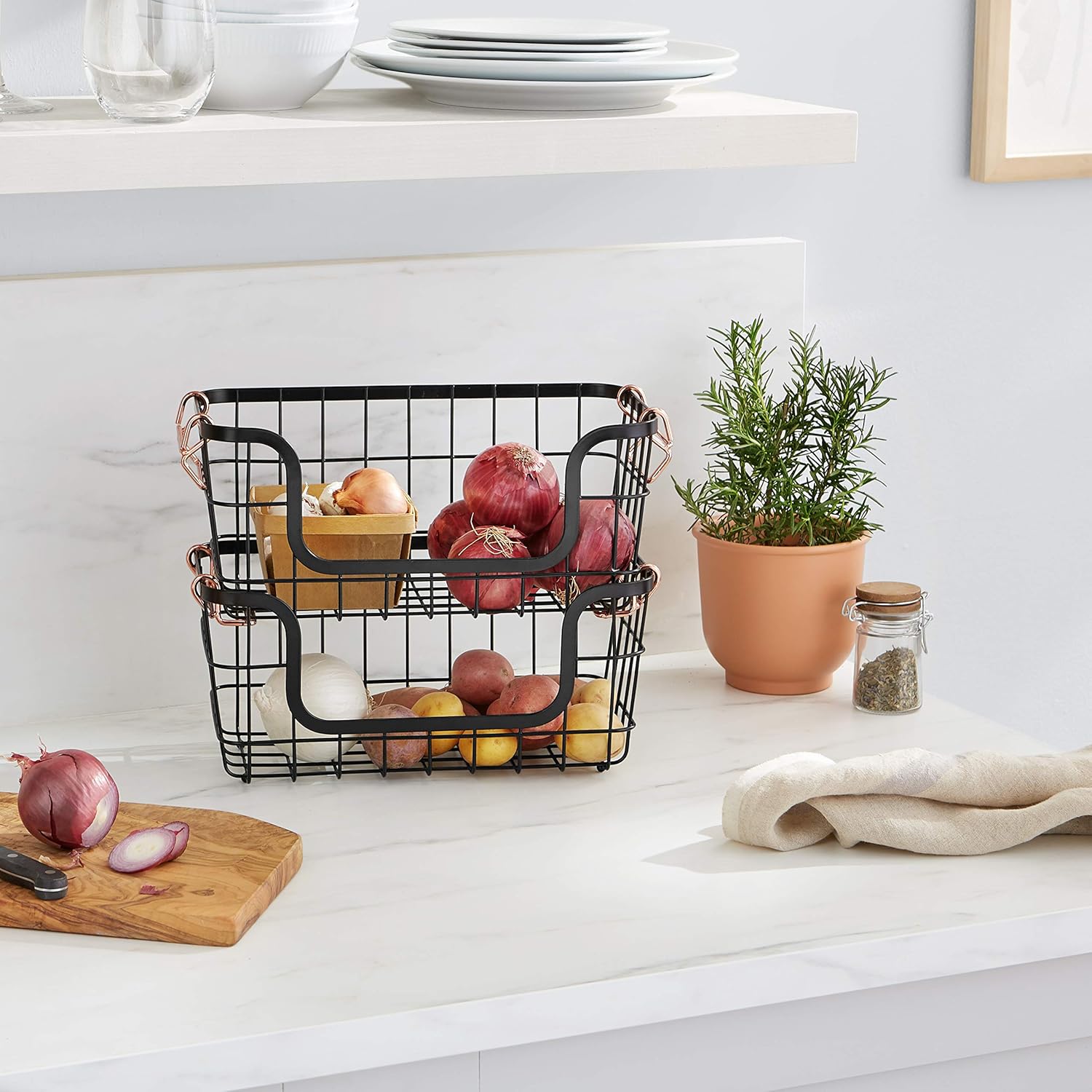 Amazon Basics Stackable Metal Wire Rectangular Storage Basket Set For Kitchen or Bathroom, 2 Count, Black