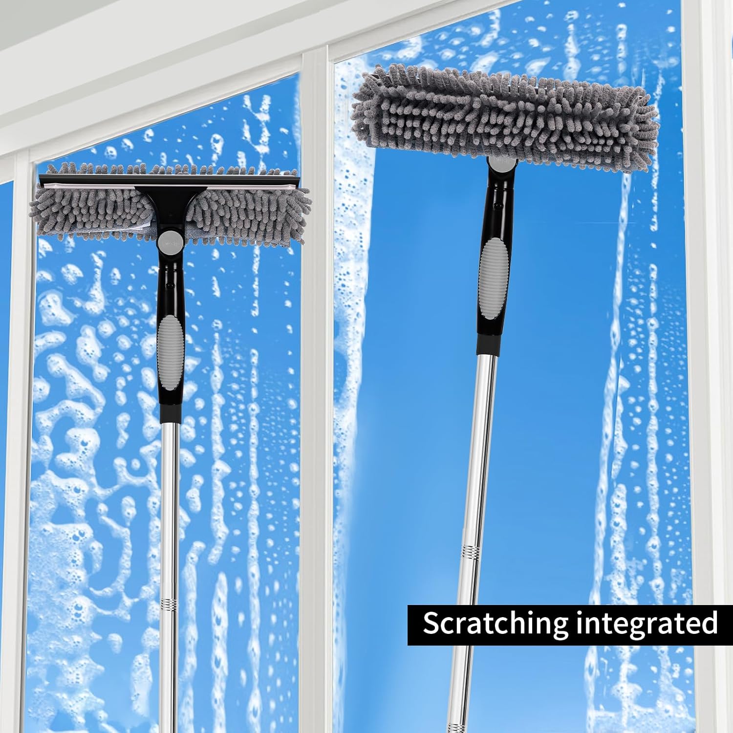Professional 72'' Window Squeegee Cleaning Washing Tool/Kit with Extension Pole, 3 in 1 Squeegee for Window Cleaning Kit for High Window with 1 Rotatable Head 4 Interchangeable Scrubber