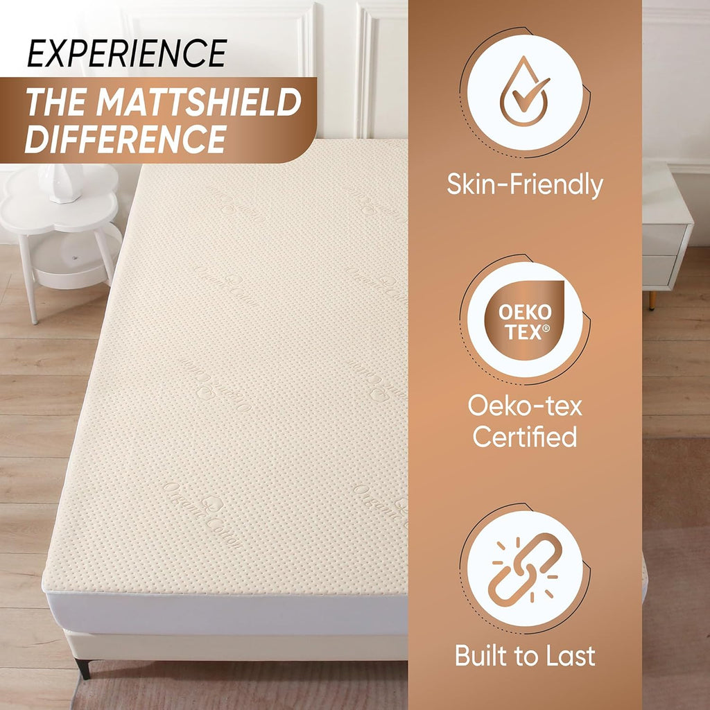 Luxury Waterproof Organic Mattress Protector Twin XL - Organic Cotton Breathable Mattress Pad Cover - New 380 GSM Comfort - Deep Pocket - Jersey Cotton Skirt - Fitted Comfort