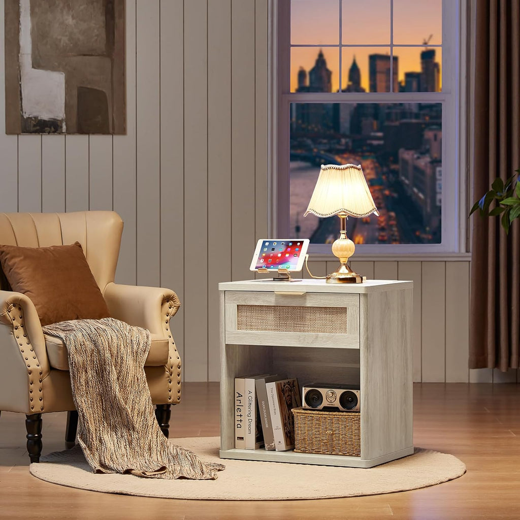 LEYAOYAO Rattan Nightstand with Charging Station, 23" Wide Boho Night Stand with Drawer, Grey White Bedside Table Open Storage Cabinet, Bed Side End Tables Dresser for Bedroom, Living Room, Hallway