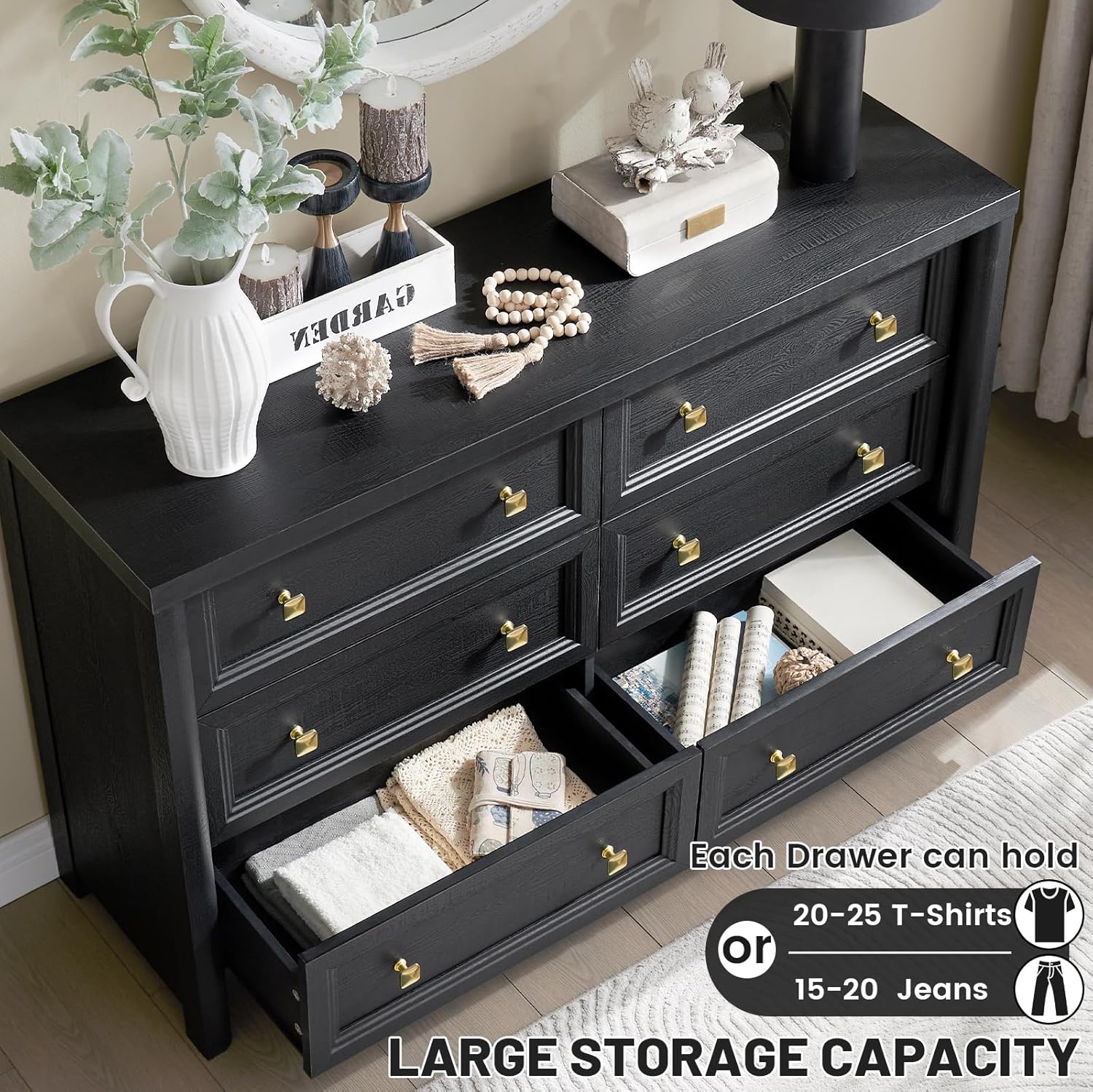 Black Dresser, Farmhouse 6 Drawer Dresser for Bedroom, 52 inch Wide Dressers with Deep Drawers, Vintage Dressers, Solid Wood Chest of Drawers for Bedroom, Nursery