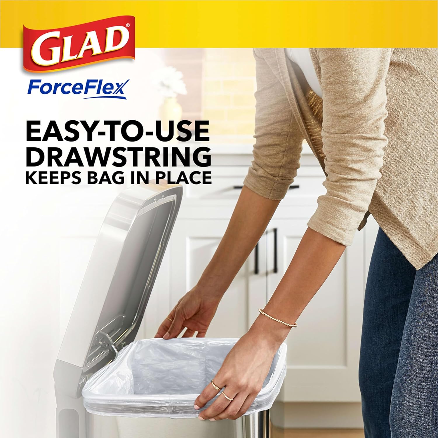 Glad Trash Bags, ForceFlex Tall Kitchen Drawstring Garbage Bags, 13 Gal, Fragrance Free, 80 Ct, Package May Vary| (Pack of 3)