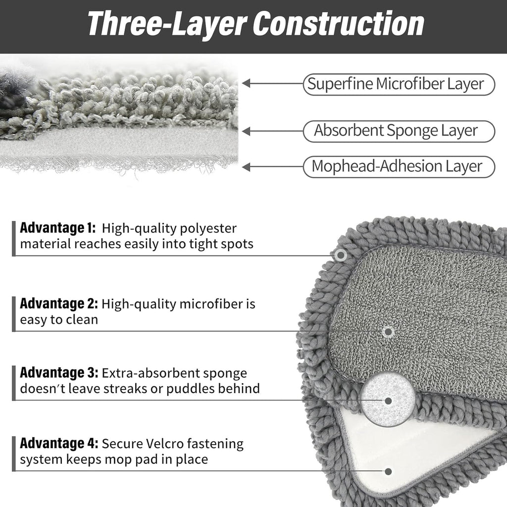 16.5 inch Mop Pads Refills, 3 Pack Microfiber Reusable Replacement Mop Pads Flat Replacements Heads for Wet Or Dry Floor Cleaning and Scrubbing, Grey Tassel Cloth