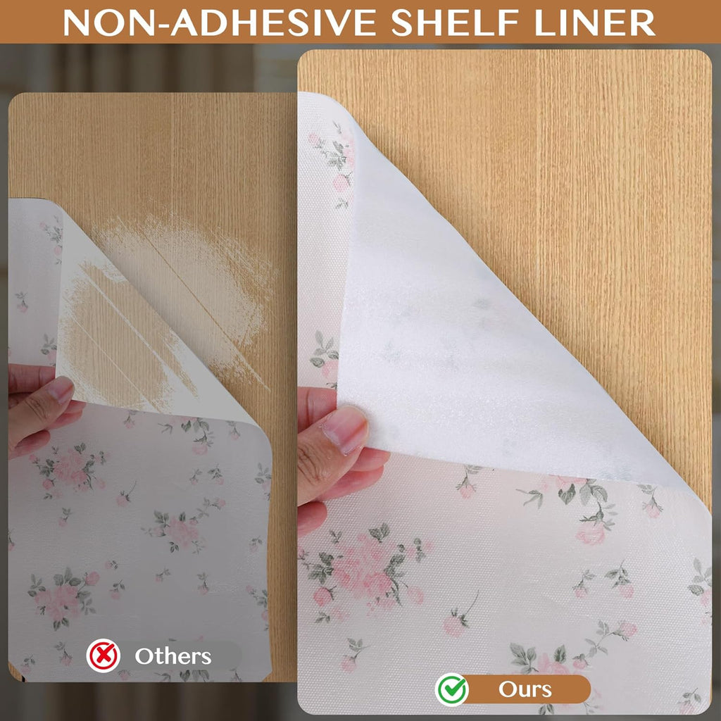 Non-Adhesive Shelf and Drawer Liner for Kitchen Cabinets, 12 in x 10FT Strong Non-Slip Cabinet Liners for Shelves, Refrigerator, Pantry Storage, Bathroom Closet, Easy to Clean, Floral