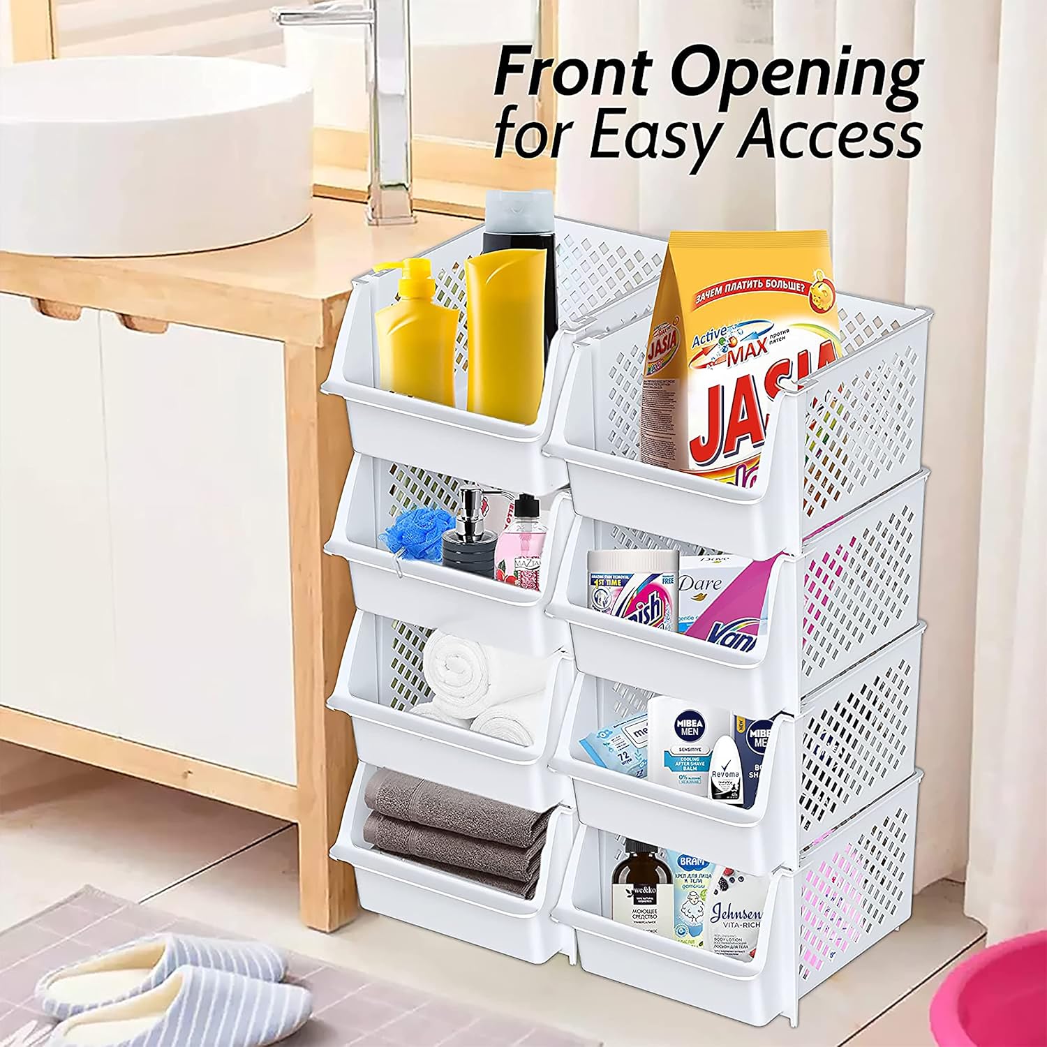 TidyFriend Plastic Stackable Bins for Pantry, 6 Pack Stacking Bins Open Front Kitchen, and Bathroom Organization, Open Front Design (White)