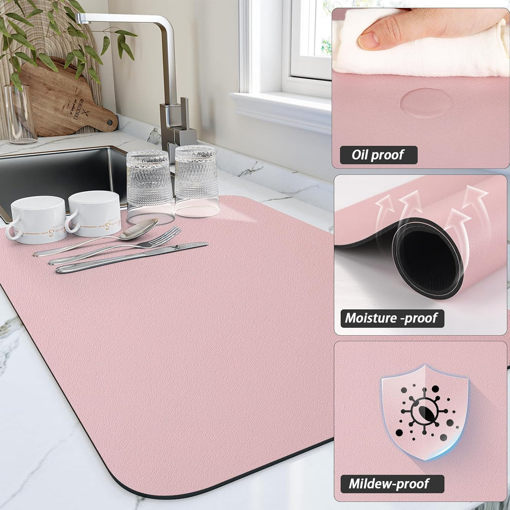 Dish Drying Mat for Kitchen Counter, Heat Resistant Drainer Mats with Non-slip Rubber Backed, Hide Stain Kitchen Super Absorbent Draining Mat, Easy to Clean Dish Rack Pad, Pink 18"x28"